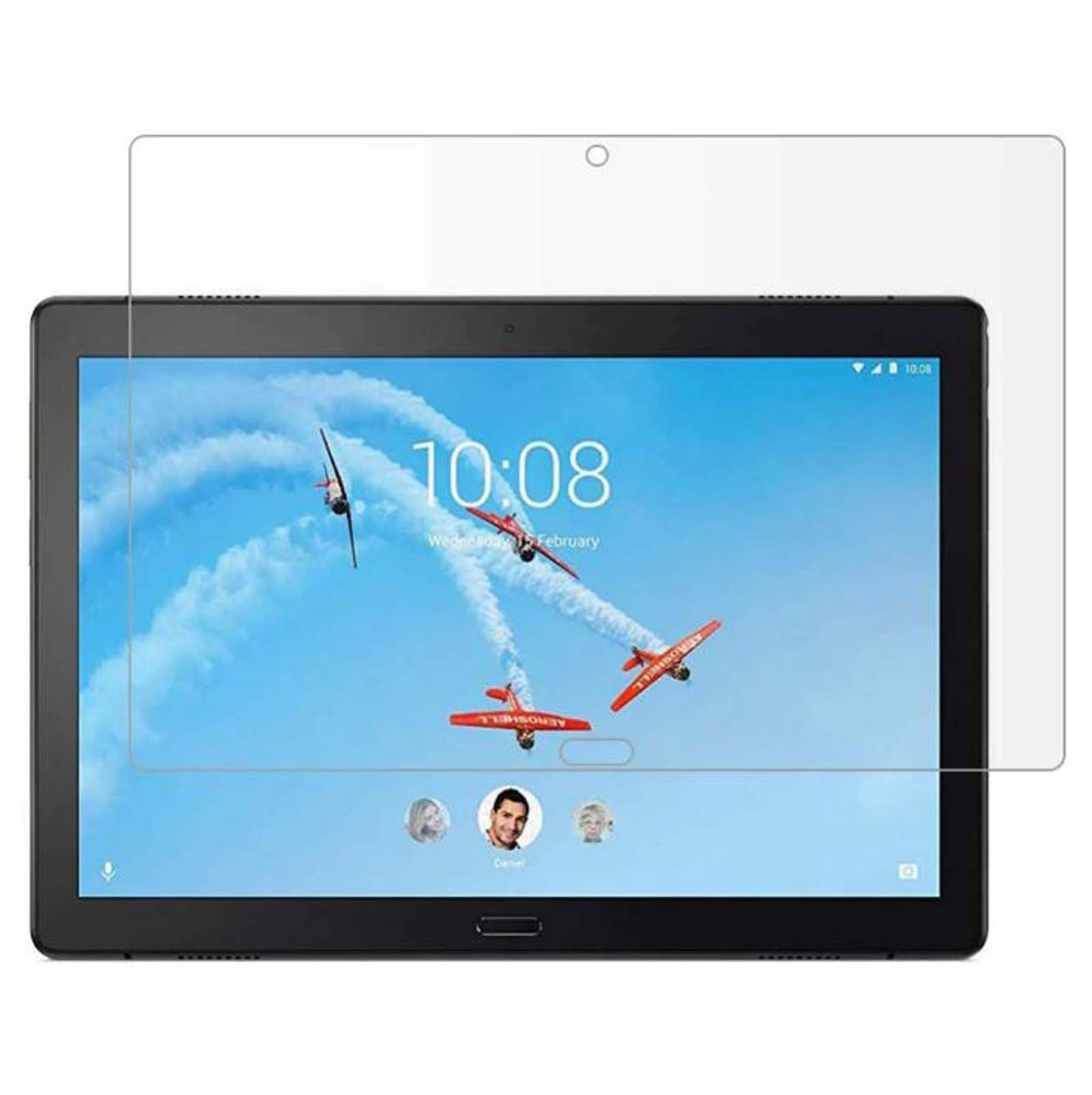 Tablet con protezione schermo applicata, mostra cielo blu con aerei.