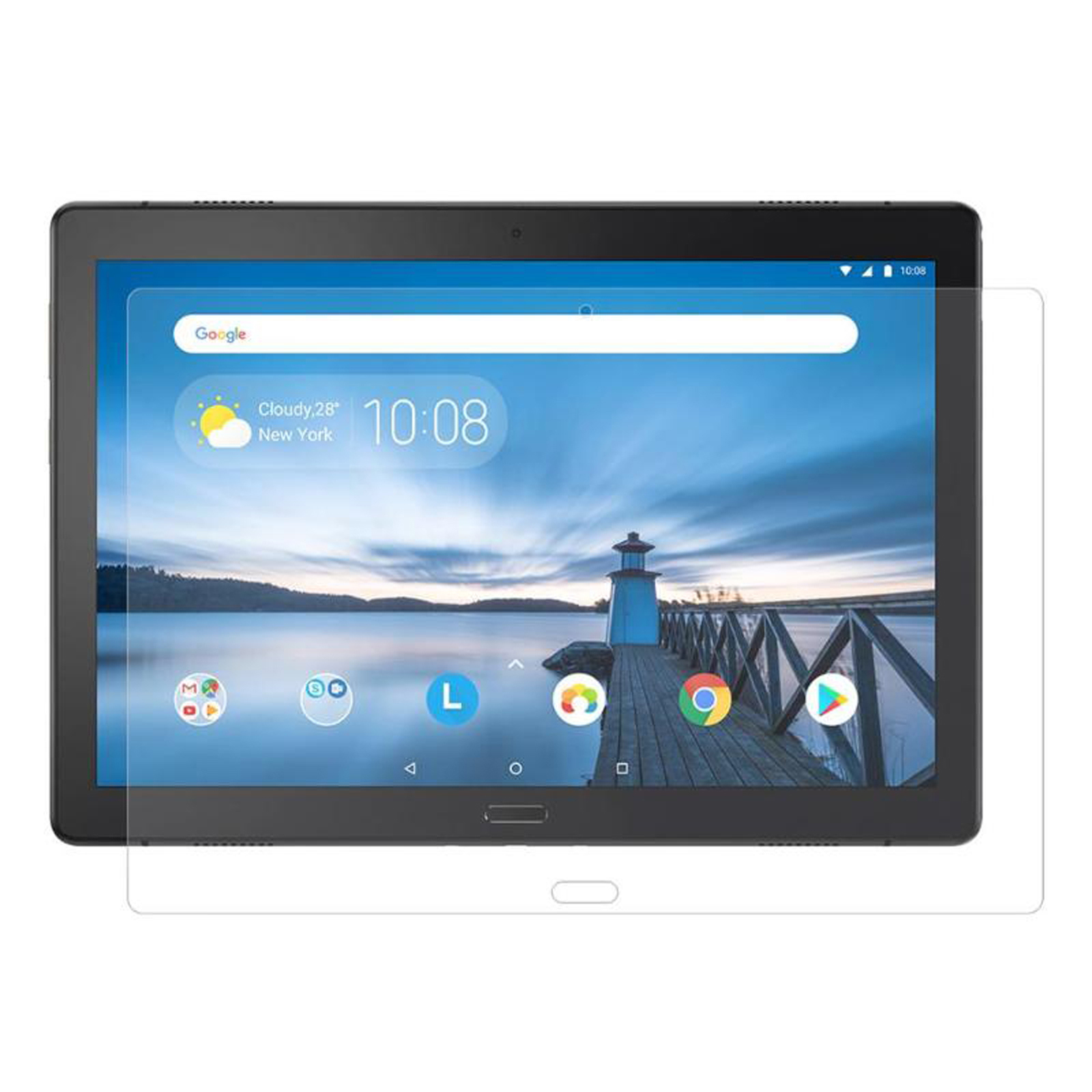 Un tablet con protezione schermo, che mostra una scena di spiaggia con un faro.