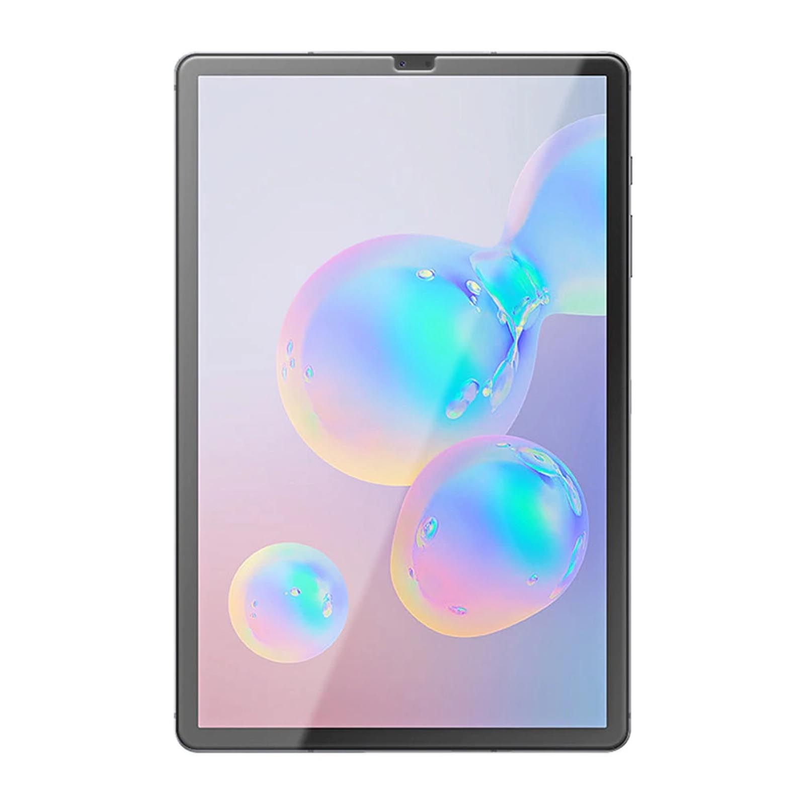 Schwarzes Tablet mit Bildschirm, der bunte, abstrakte Formen zeigt. Eine Frontkamera ist vorhanden.