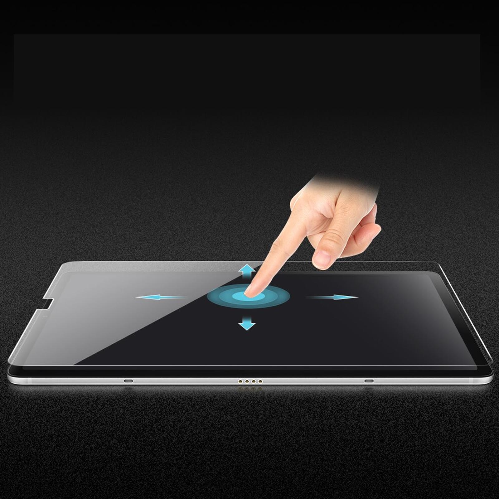 Eine Hand berührt einen Tablet-Bildschirm. Pfeile zeigen die Berührungsrichtung an. Schwarzer Hintergrund.