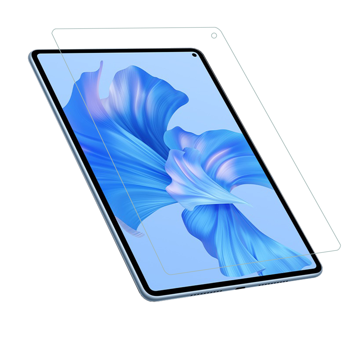 Tablet con protezione schermo applicata, che mostra un motivo floreale blu.