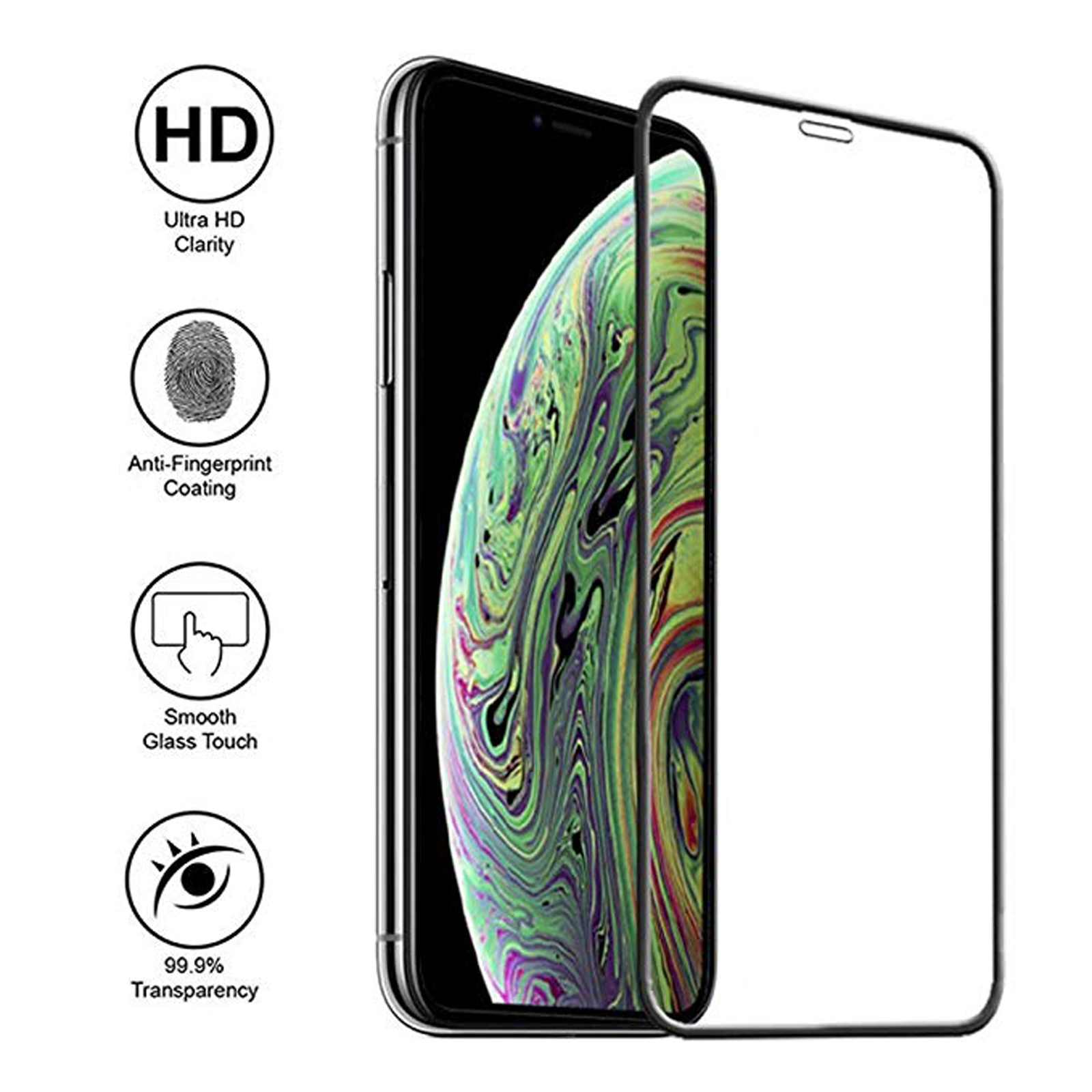 Ein Telefon mit Displayschutz und Symbolen für Ultra HD, Fingerabdruck und Touch.