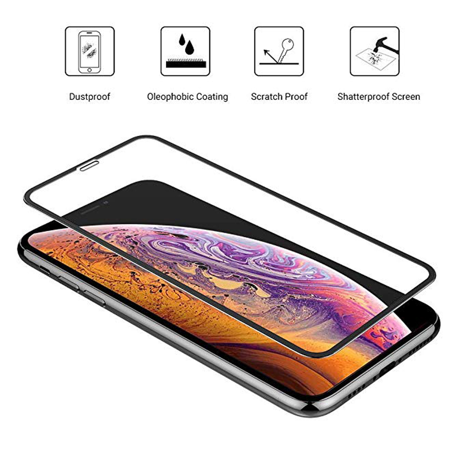 Ein Telefon mit Displayschutz, mit Symbolen für staubdicht, oleophob, kratzfest und bruchsicher.