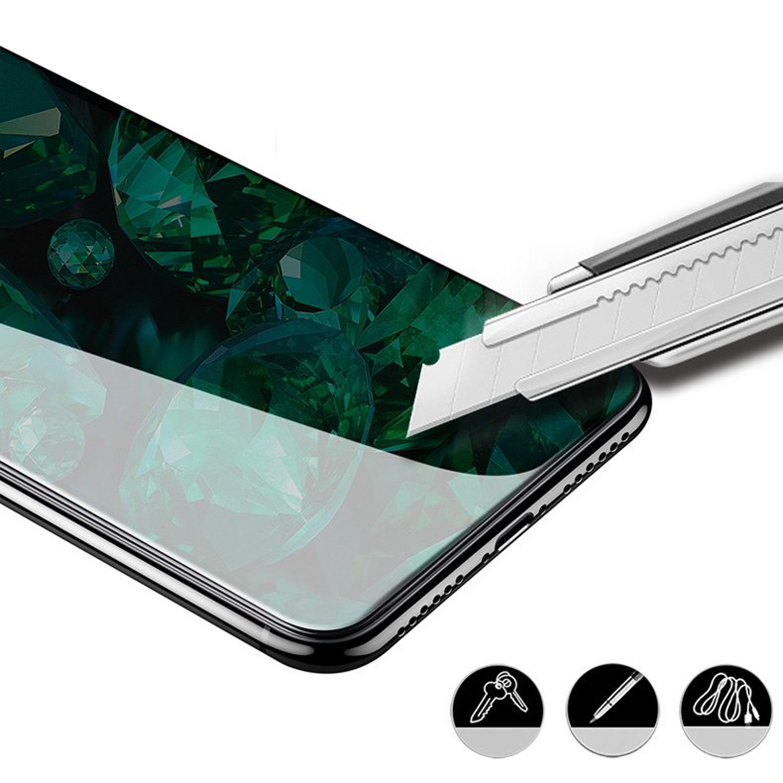 Ein Telefon mit einem Displayschutz. Ein Messer schneidet die Displayschutzfolie.