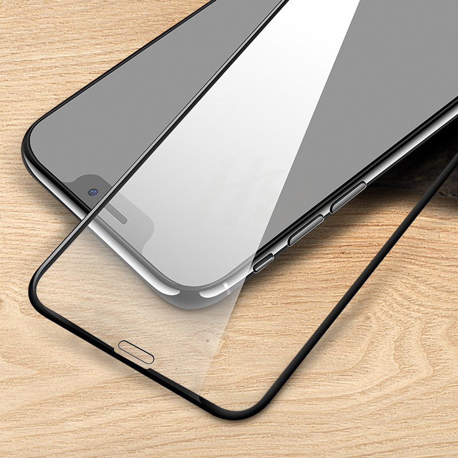 Ein Telefon mit Displayschutz auf einer Holzoberfläche. Der Schutz hat einen schwarzen Rahmen um den Bildschirm.