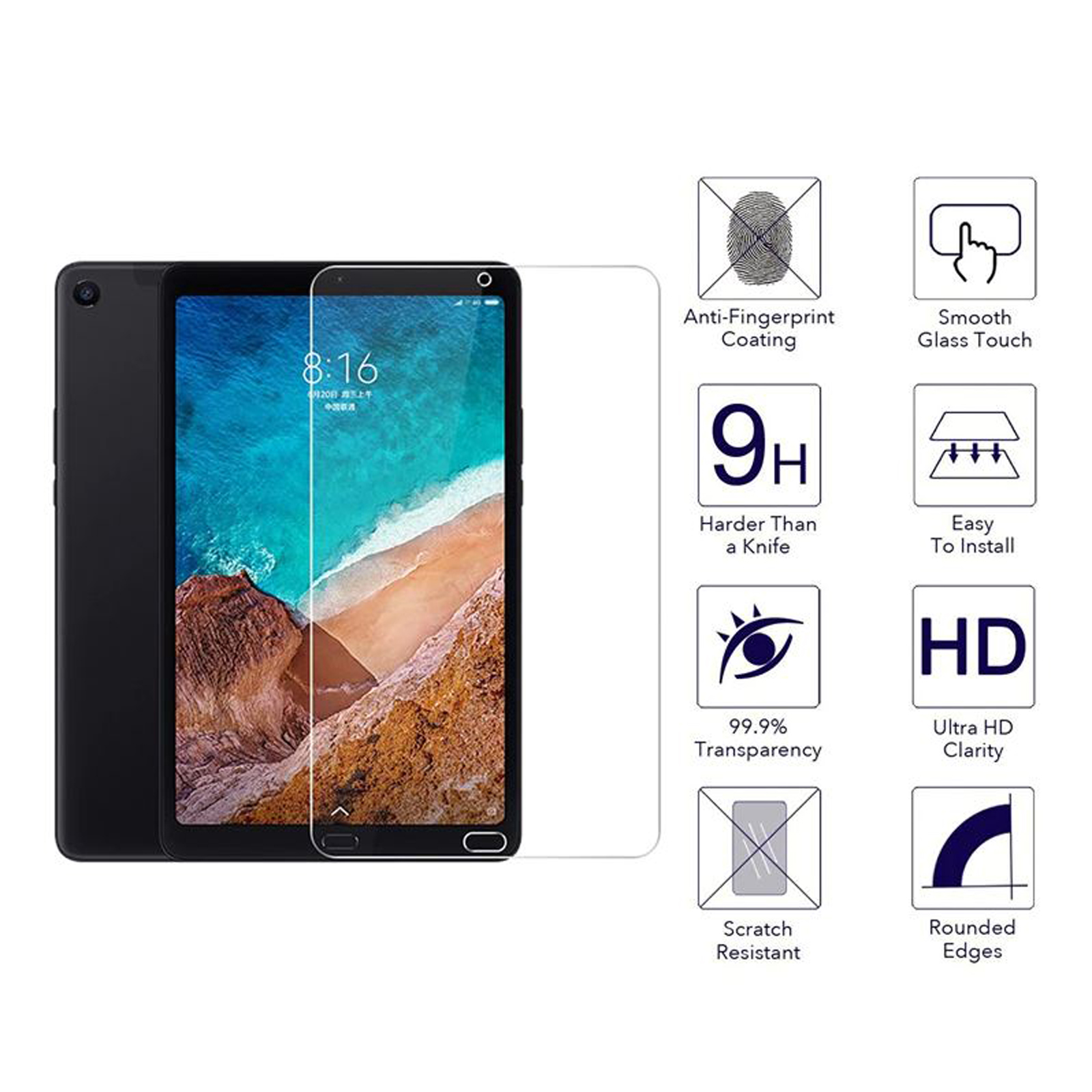 Un tablet nero con una protezione schermo, che mostra icone che descrivono le sue caratteristiche.