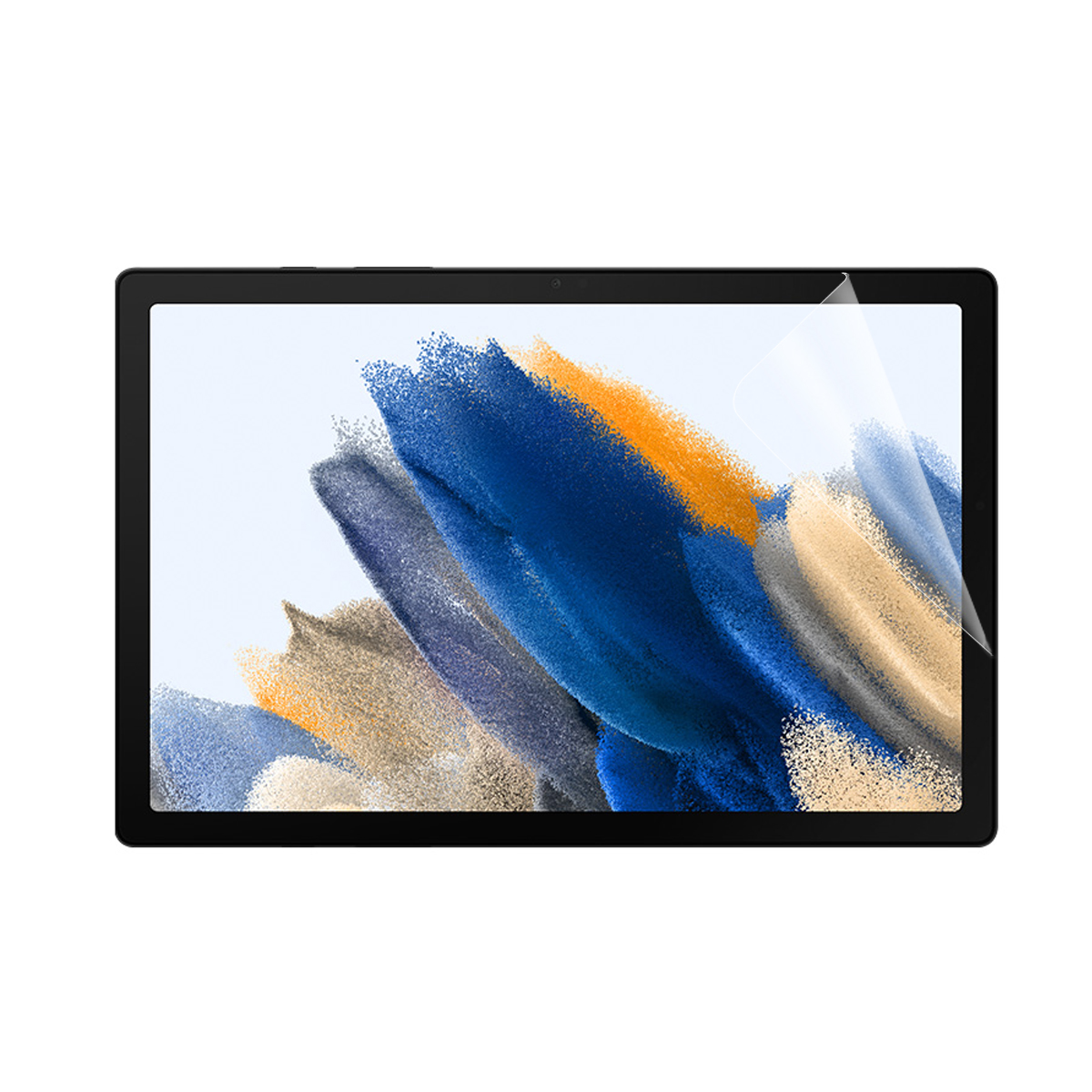 Tablet con protezione schermo applicata, e uno sfondo azzurro, arancione e bianco.