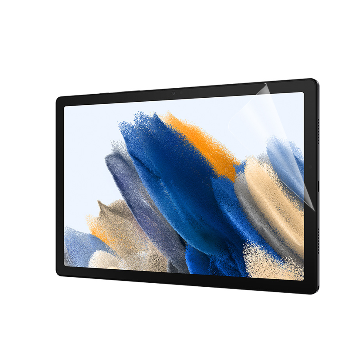 Un tablet con una protezione per lo schermo applicata. Lo schermo mostra un dipinto astratto blu e arancione.