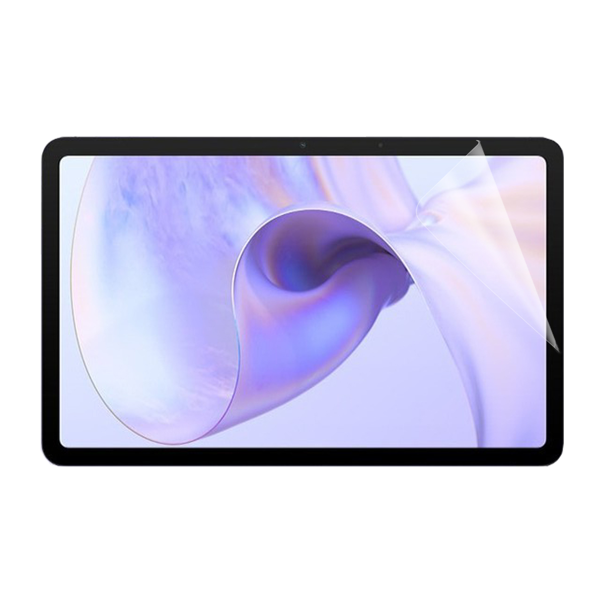 Un tablet con una protezione schermo, che mostra un design astratto viola e bianco.