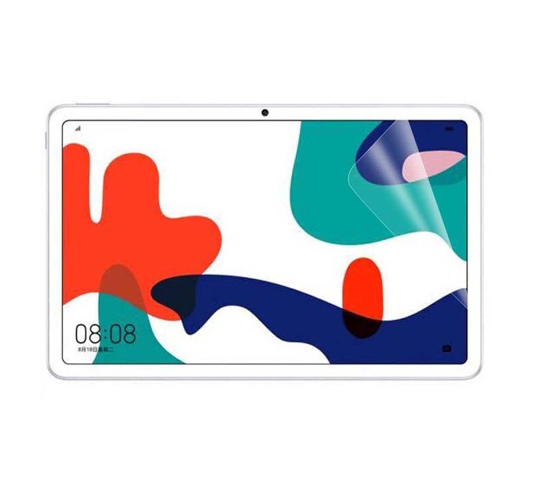 Tablet bianco che mostra arte astratta colorata, è applicata una protezione schermo.