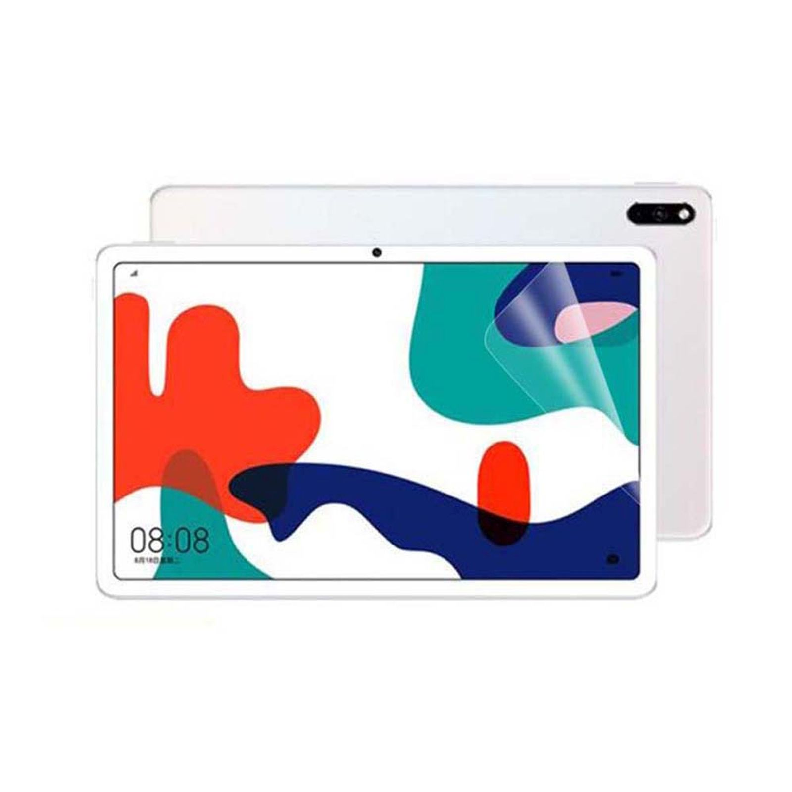Tablet bianco che mostra uno schermo con un design astratto colorato e l'ora 08:08.