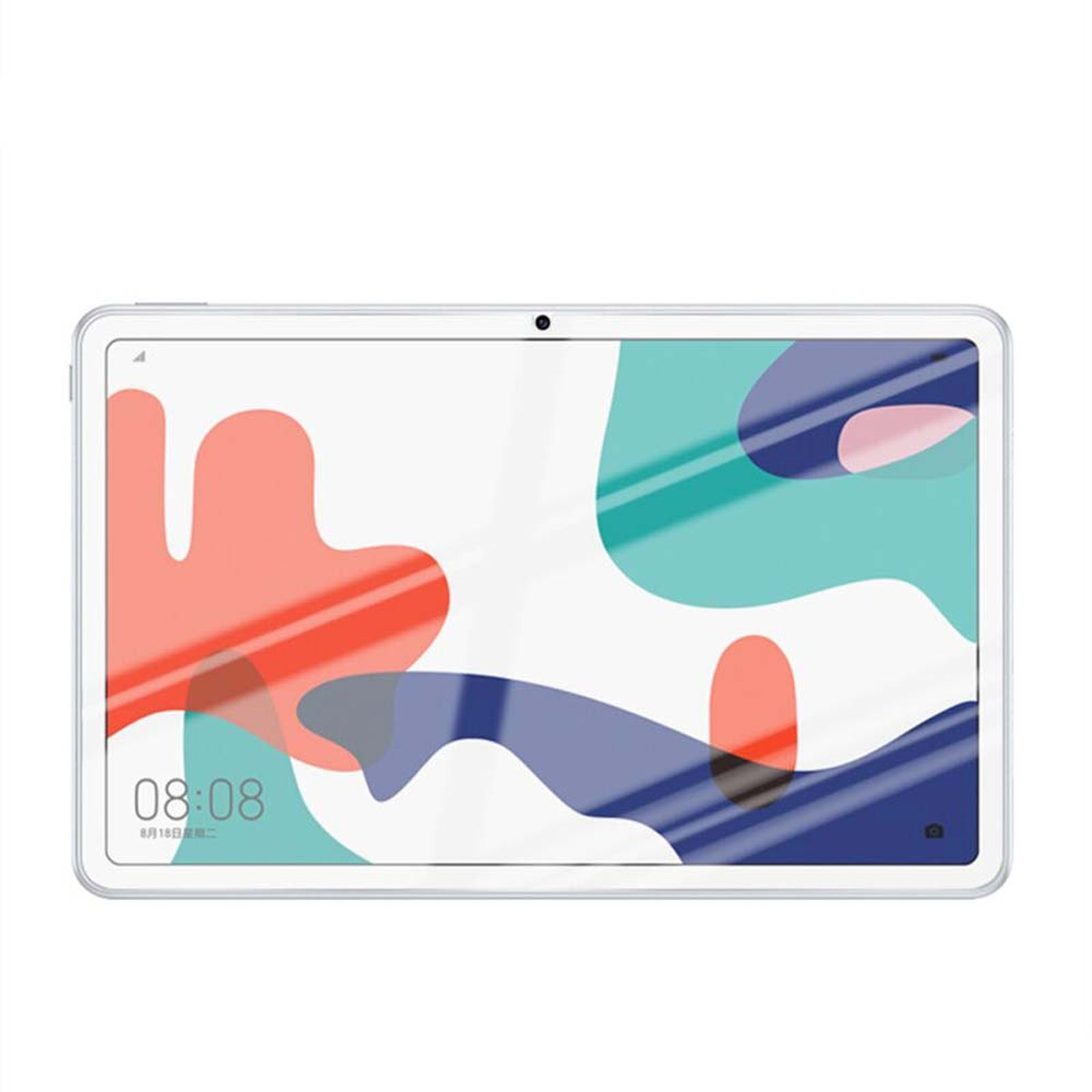 Tablet bianco con schermo che mostra arte colorata. Il tablet è su sfondo bianco.