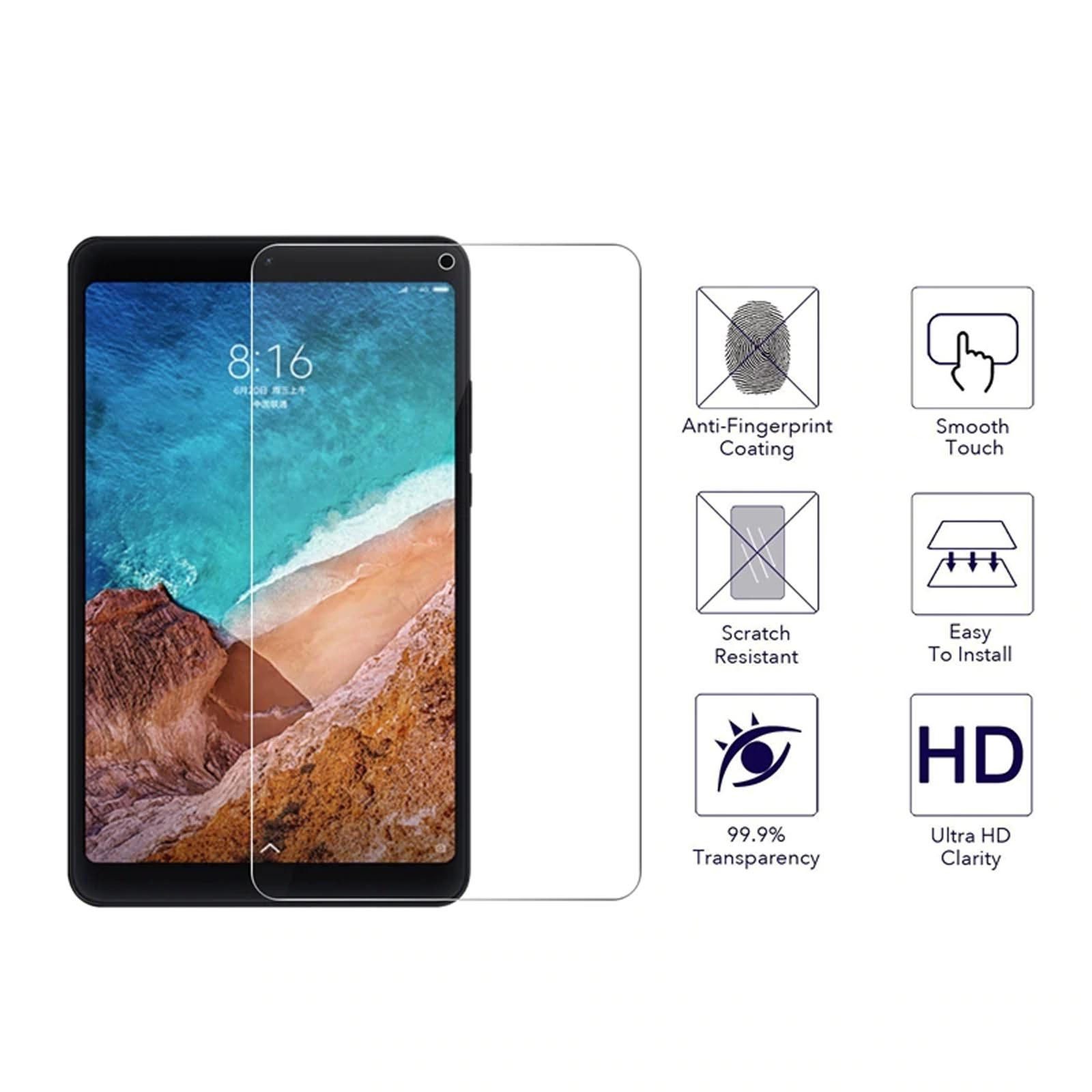 Telefono con protezione schermo. Icone indicano funzioni: anti-impronta, tocco liscio, facile installazione.