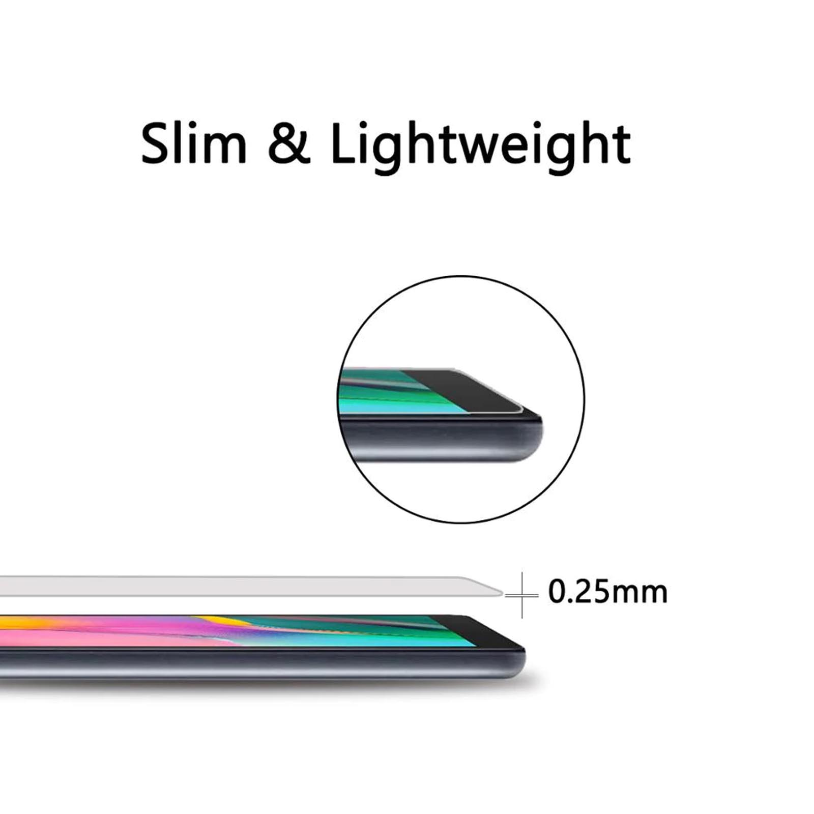 Un tablet con un proteggi schermo di 0,25 mm di spessore, con il testo 'Slim & Lightweight'.
