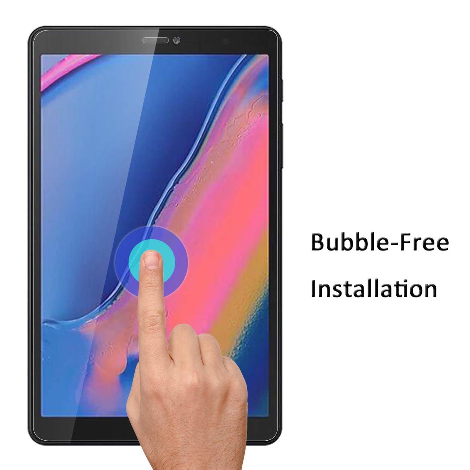 Tablet con protezione schermo. Un dito tocca lo schermo. Testo: 'Installazione senza bolle'.