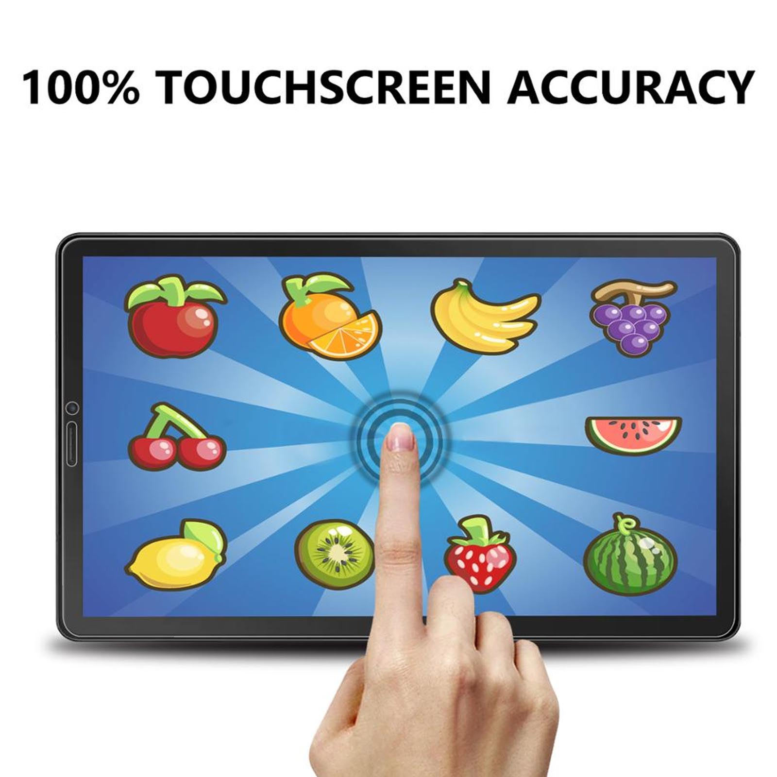 Schermo del tablet con un dito che tocca un cerchio. Mostra icone di frutta: mela, arancia, banana, uva.