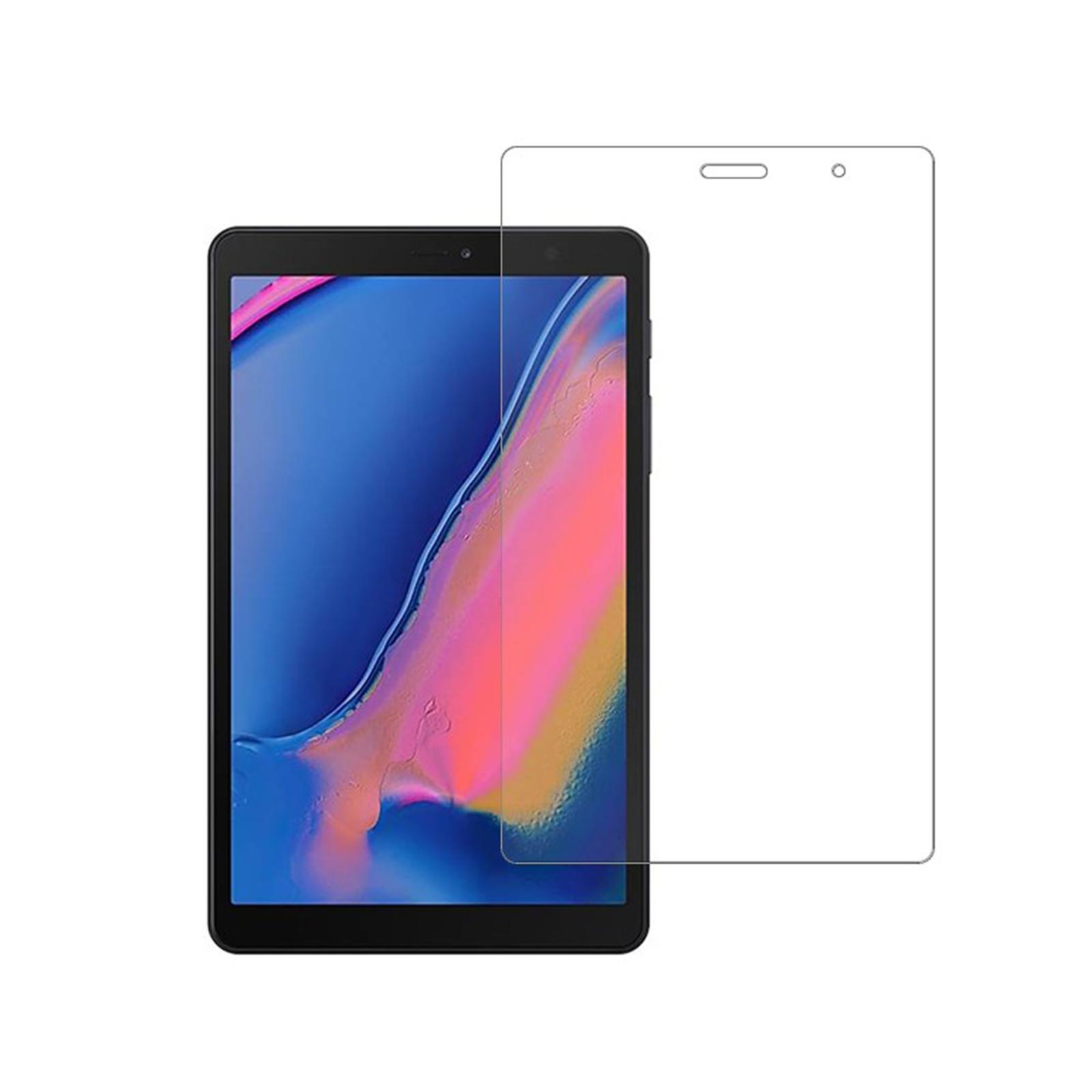 Tablet nero con protezione schermo. Lo schermo è acceso. Sfondo bianco.