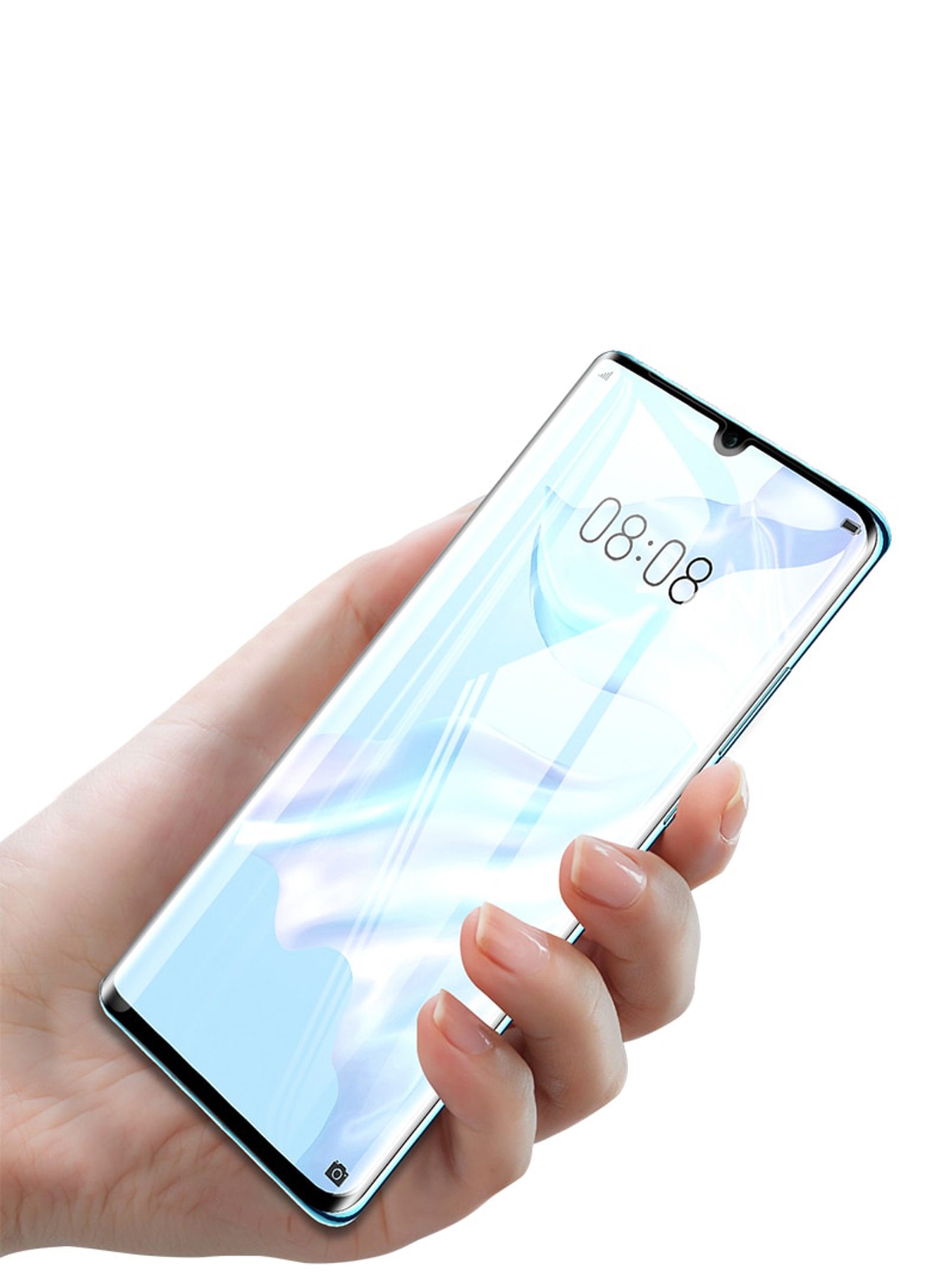 Hand hält ein Telefon mit angebrachter Displayschutzfolie. Der Bildschirm zeigt die Uhrzeit.