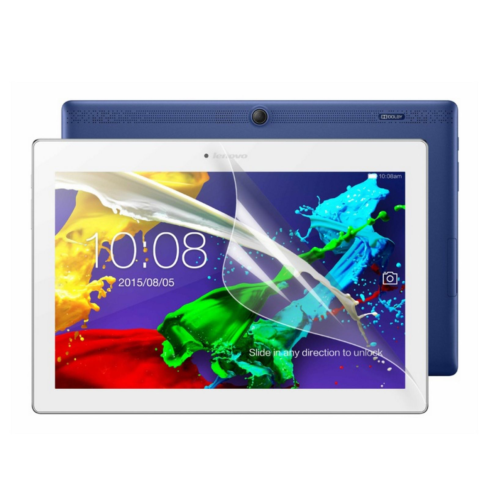 Blaues Tablet mit Bildschirm und Schutzfolie auf weißem Hintergrund.