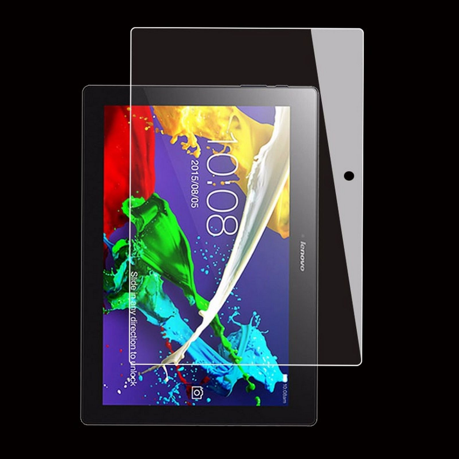 Tablet mit angebrachter klarer Displayschutzfolie, zeigt Zeit und Datum.