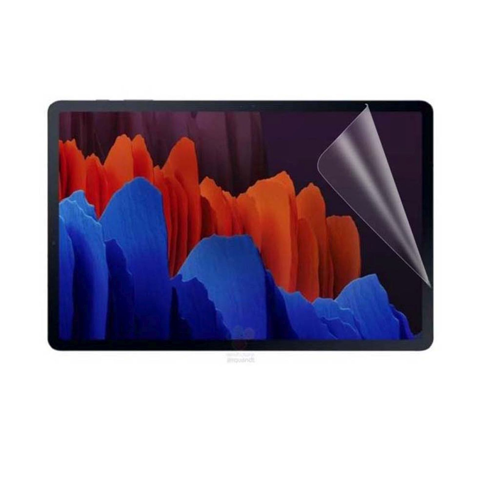 Tablet con protezione schermo. La protezione viene staccata. Lo sfondo è un'immagine colorata.