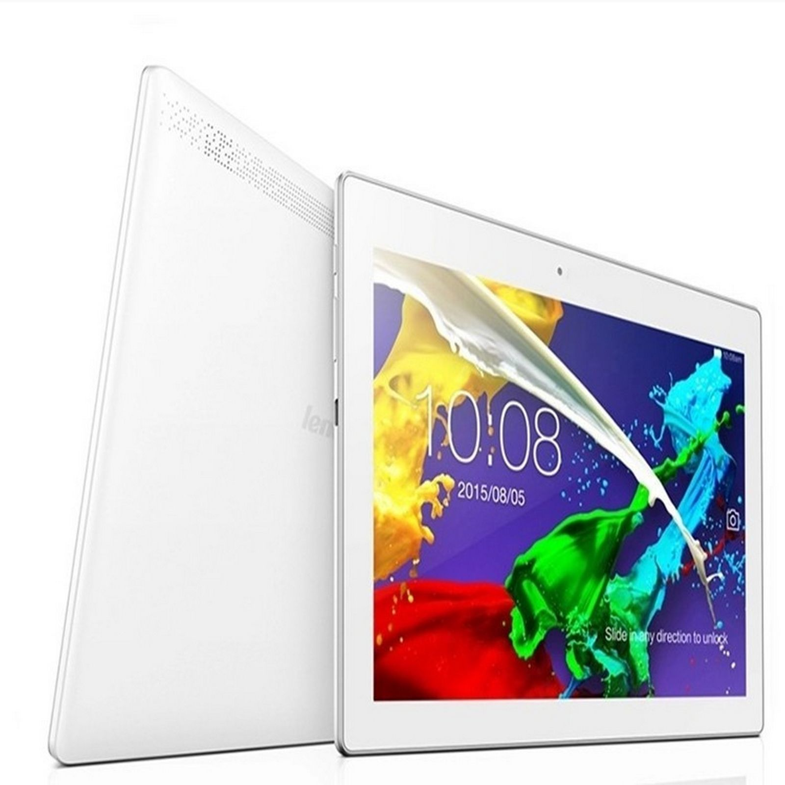 Weißes Tablet, abgewinkelt, mit Bildschirm, der einen farbenfrohen Spritzer und die Uhrzeit zeigt.