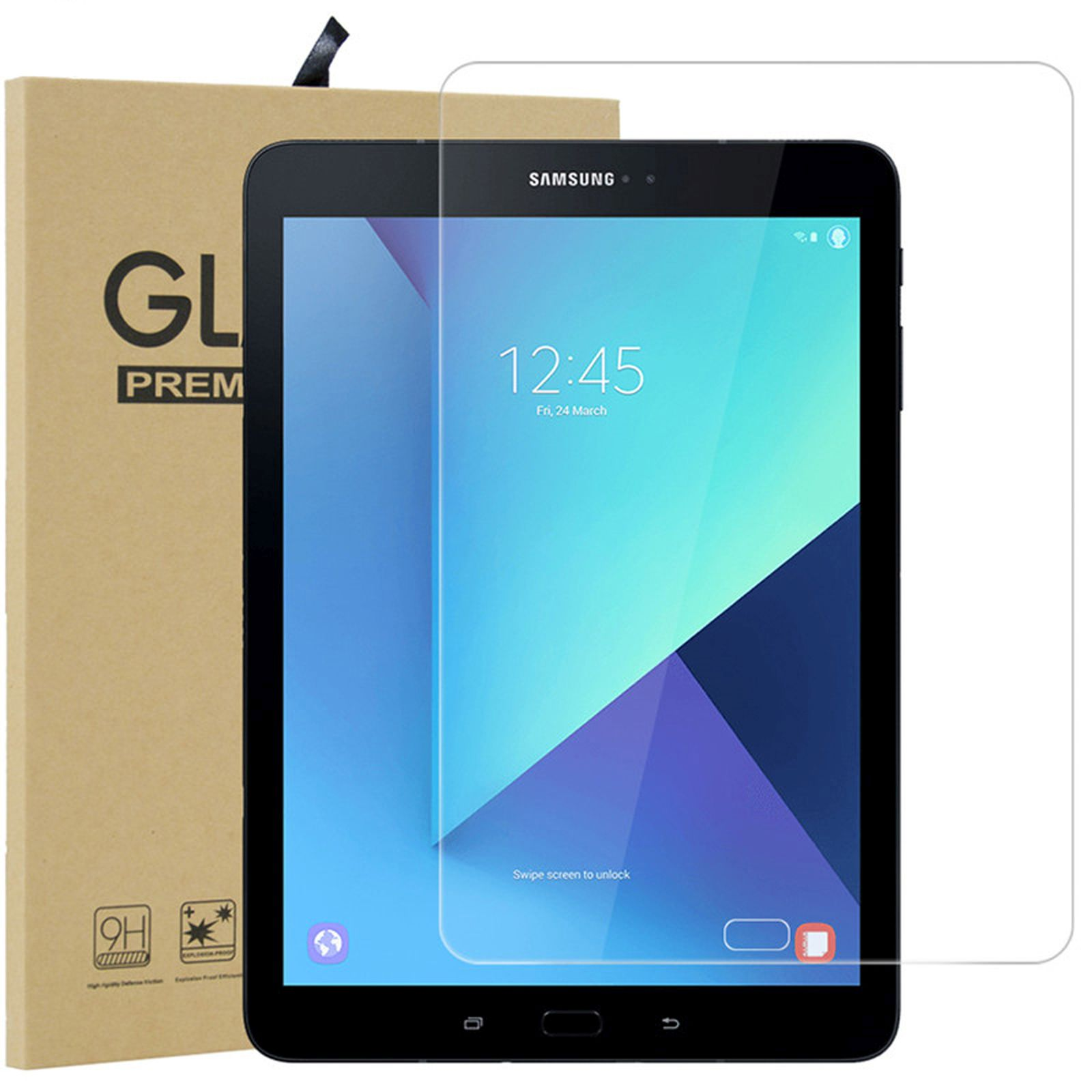 Tablet mit Displayschutz. Tablet ist schwarz und der Bildschirm zeigt blaues Design.