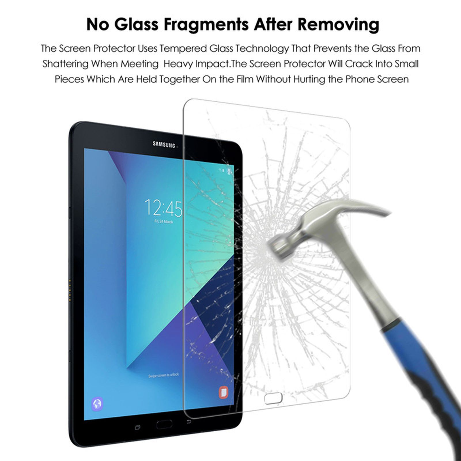 Tablet mit Displayschutz und Hammer. Der Displayschutz ist gerissen.