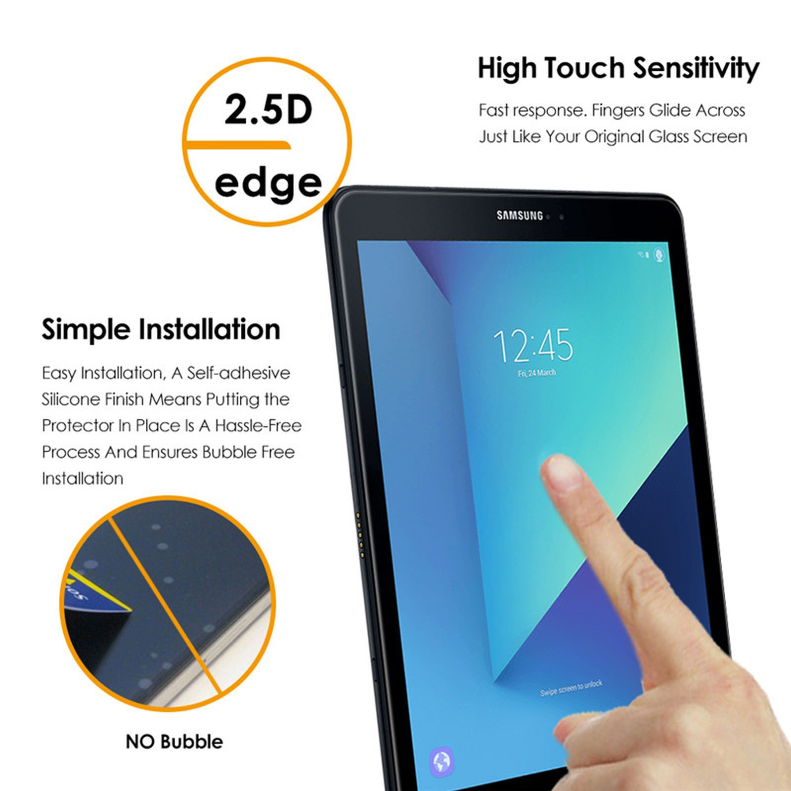 Ein Tablet mit einem Finger, der auf den Bildschirm drückt. Text beschreibt einfache Installation & Berührungsempfindlichkeit.