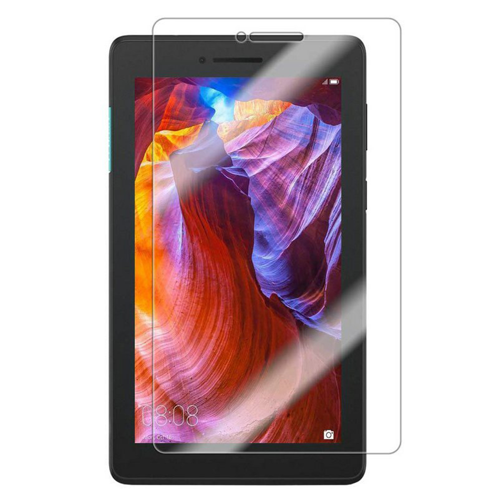Tablet con protezione schermo. Ha una cornice nera e un'immagine colorata sullo schermo.