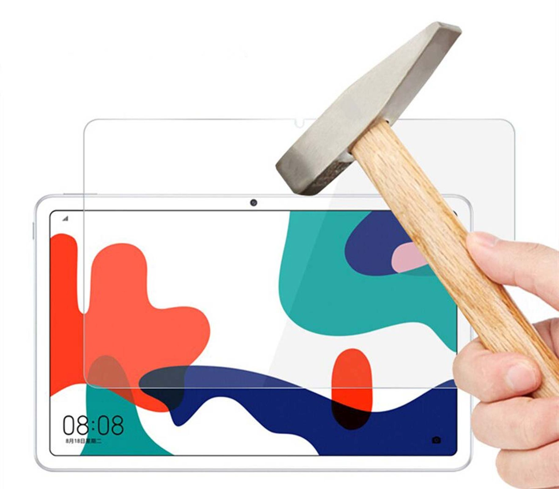 Un tablet con una protezione per lo schermo colpito da un martello. La protezione è trasparente.