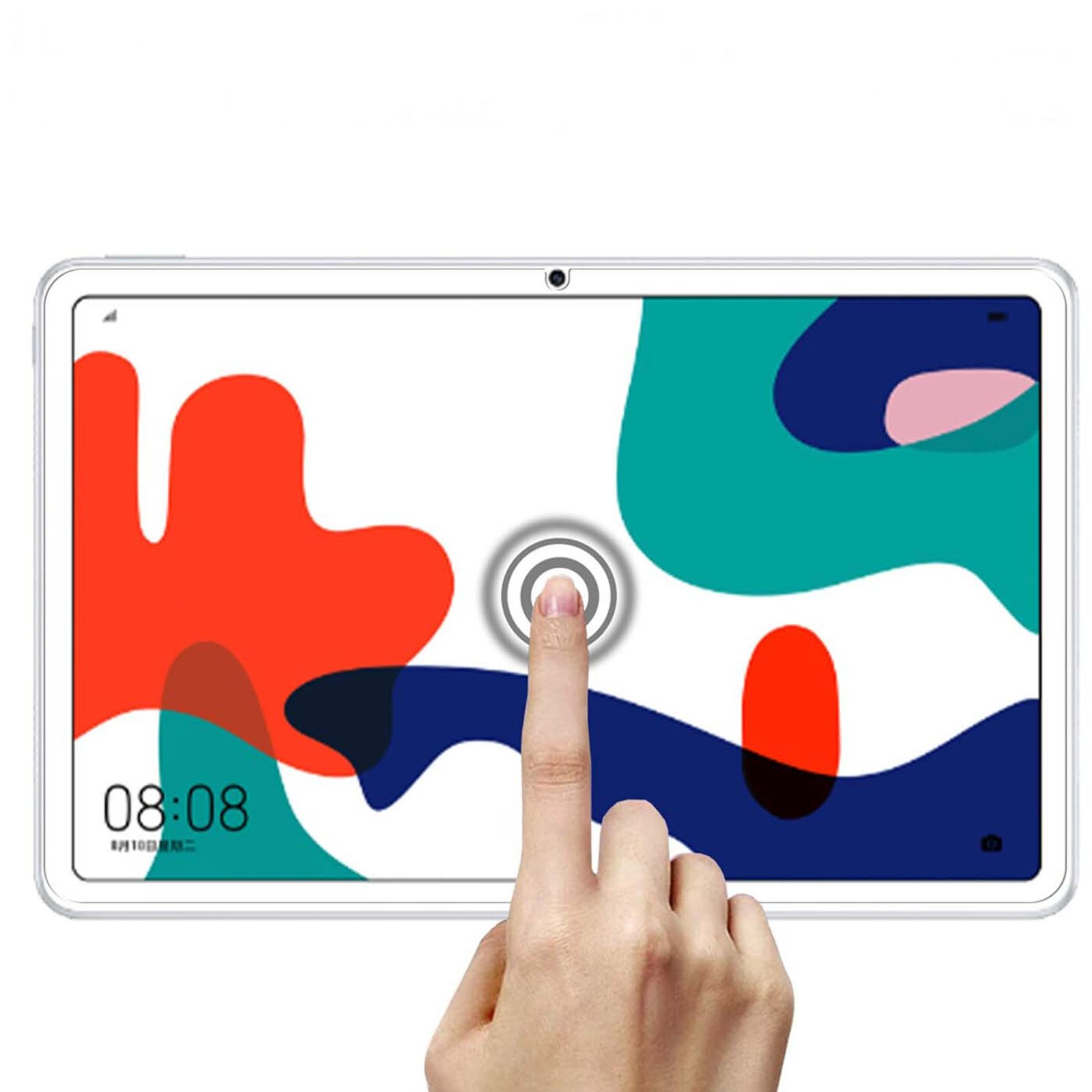 Una mano tocca il centro dello schermo di un tablet che mostra un design astratto colorato.