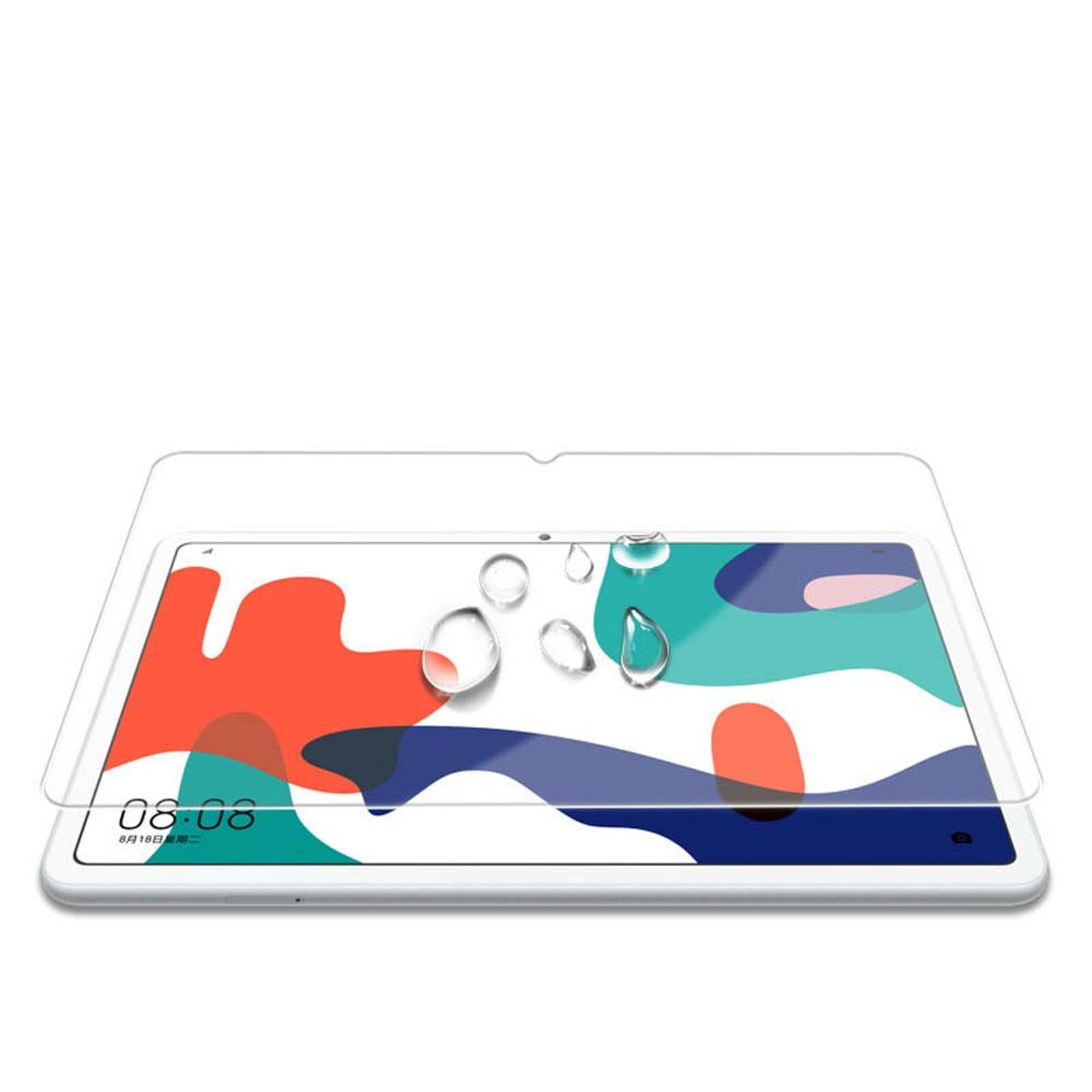 Tablet con protezione schermo, gocce d'acqua e sfondo colorato.