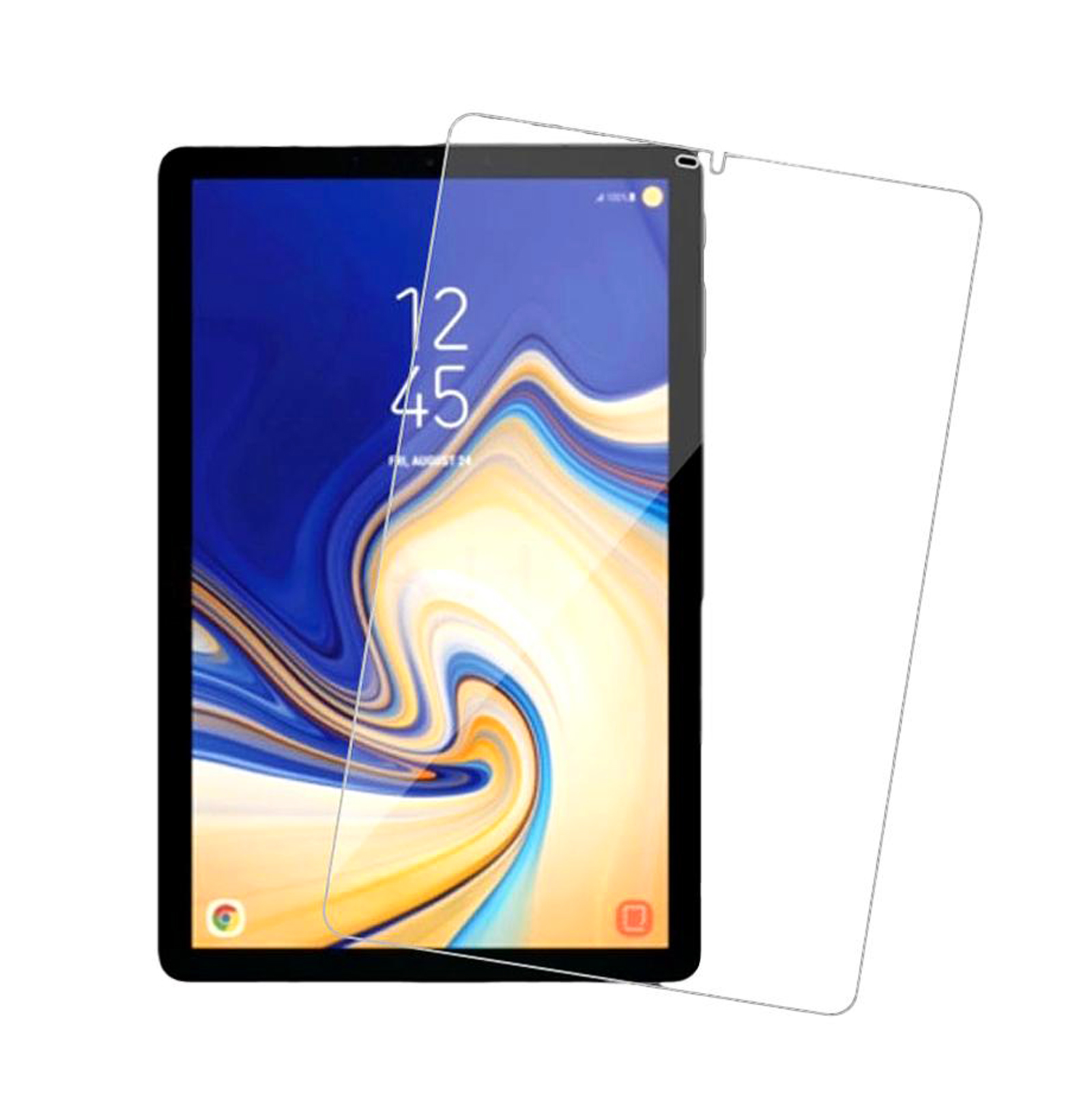 Uno schermo di tablet con una protezione per lo schermo. Lo schermo mostra un orologio e aerei nel cielo.