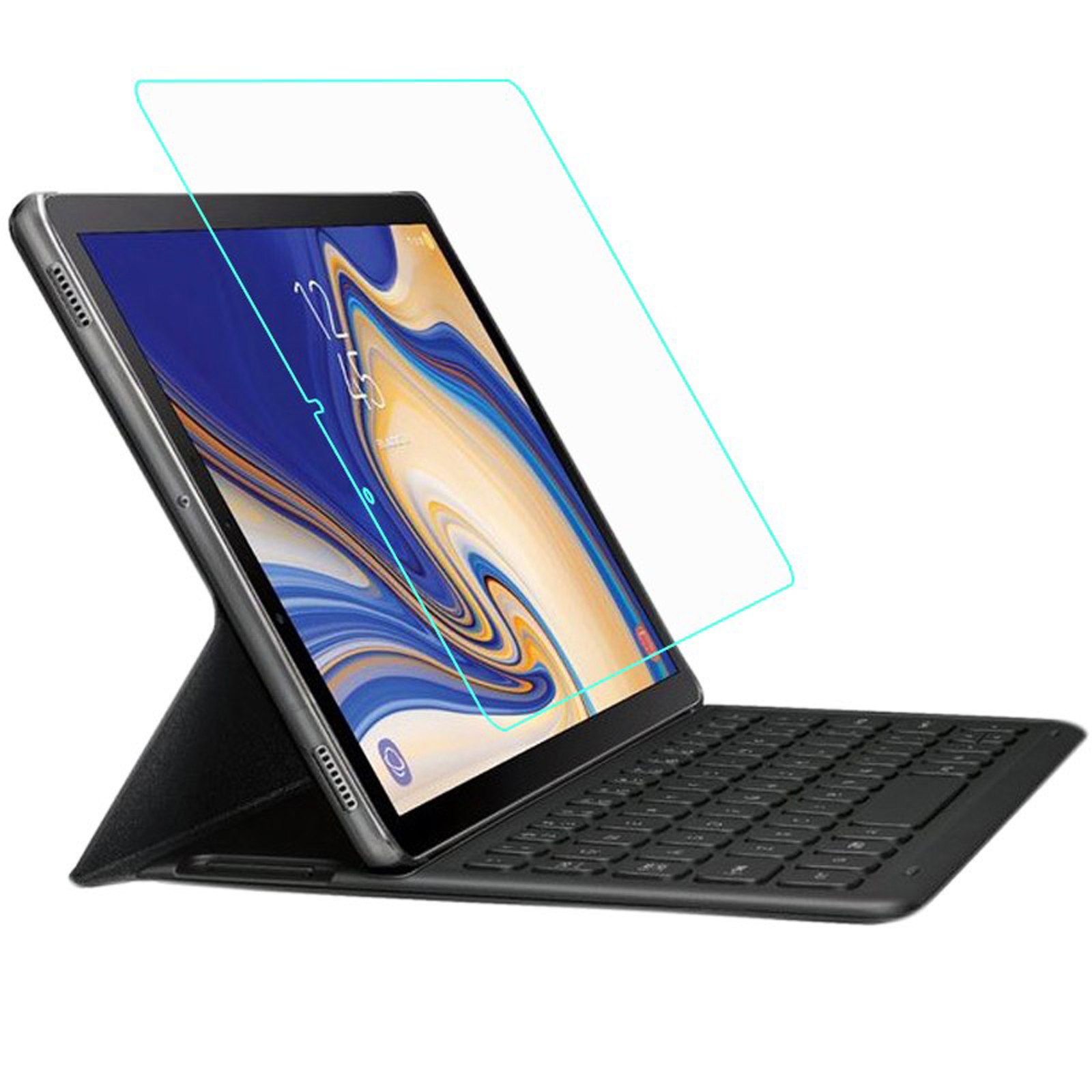 Tablet con tastiera e protezione schermo. Il tablet è nero, la protezione è trasparente.