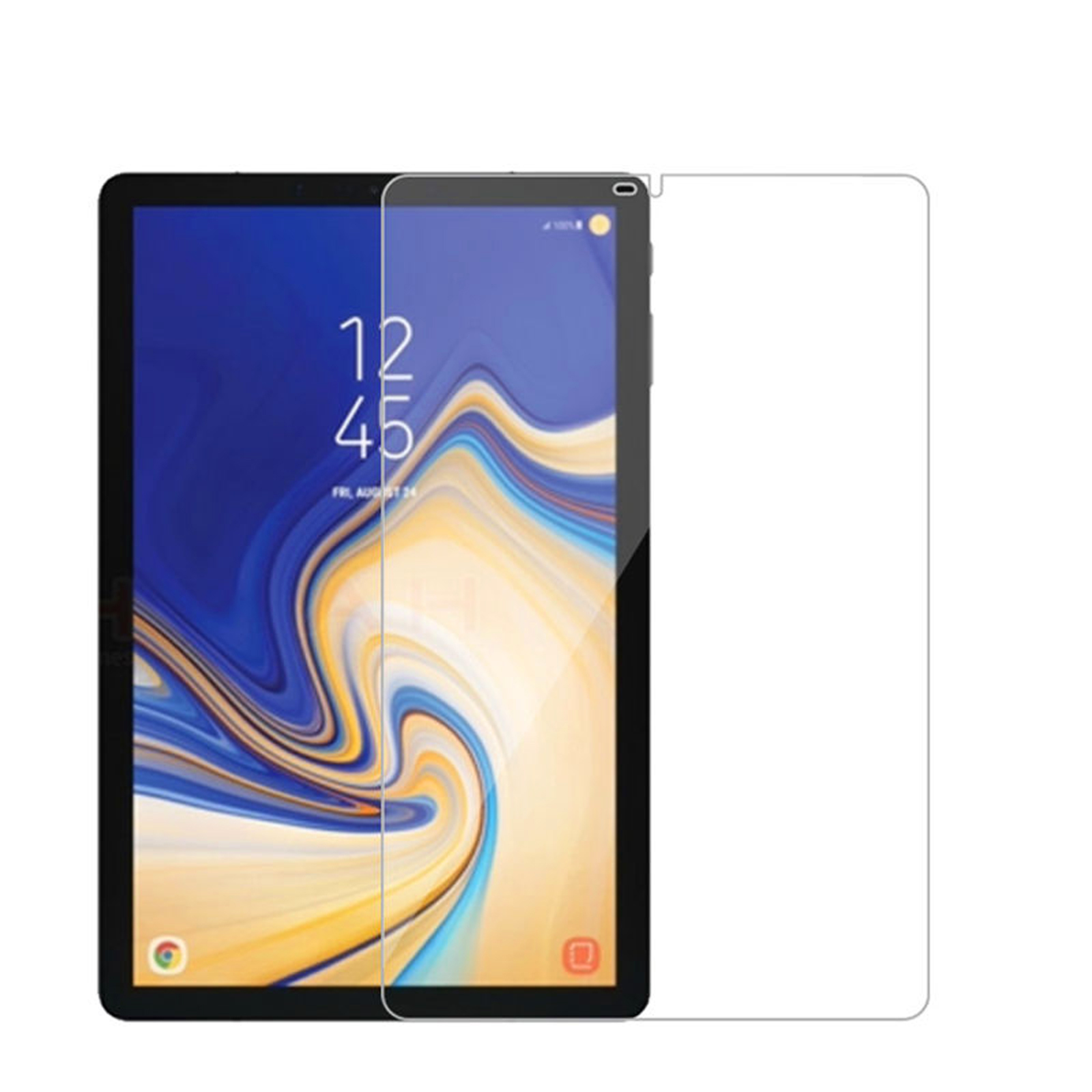 Un tablet con una protezione schermo, che mostra l'ora e una cornice nera.