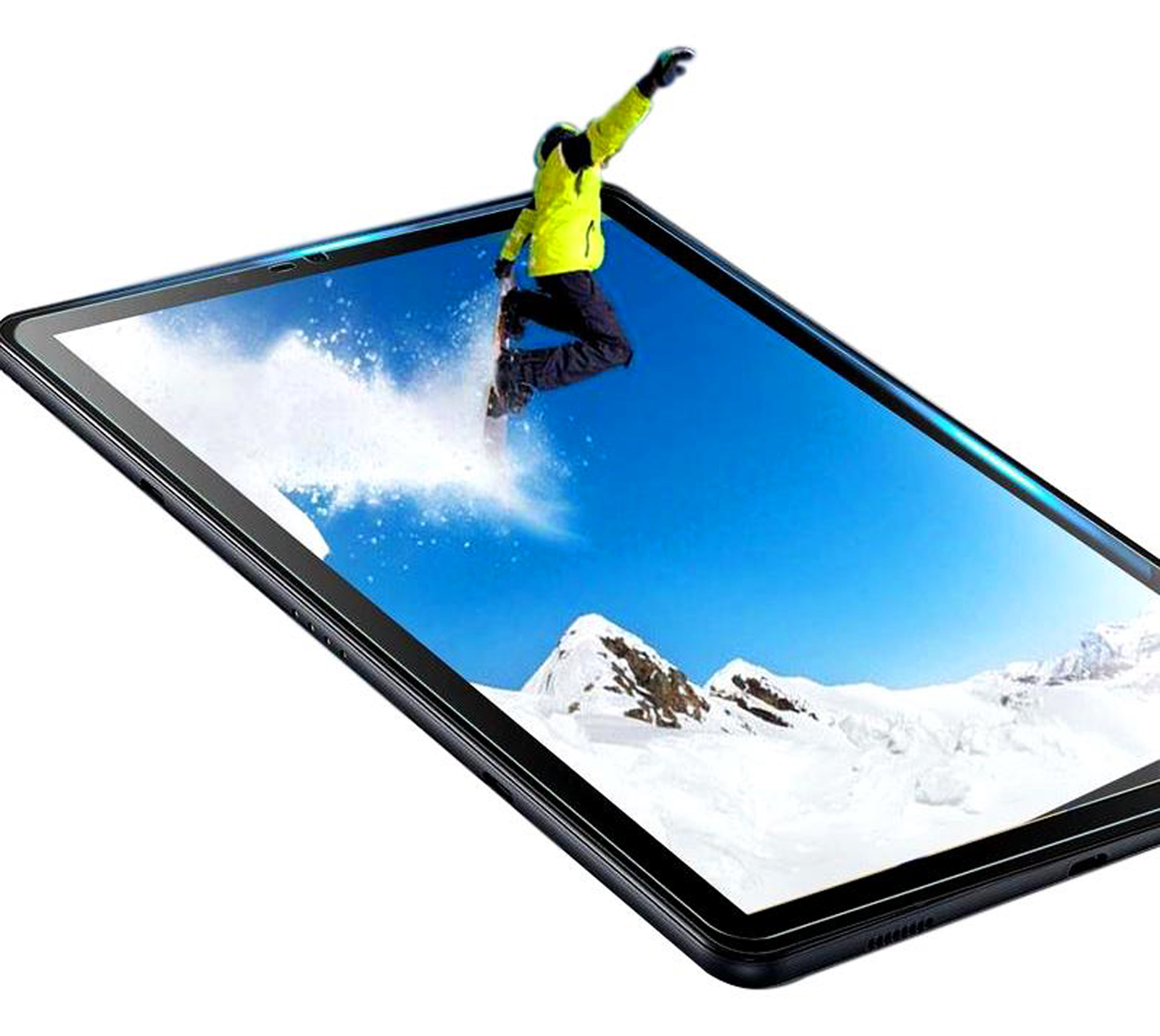 Un tablet con uno snowboarder che salta fuori dallo schermo, con montagne innevate.
