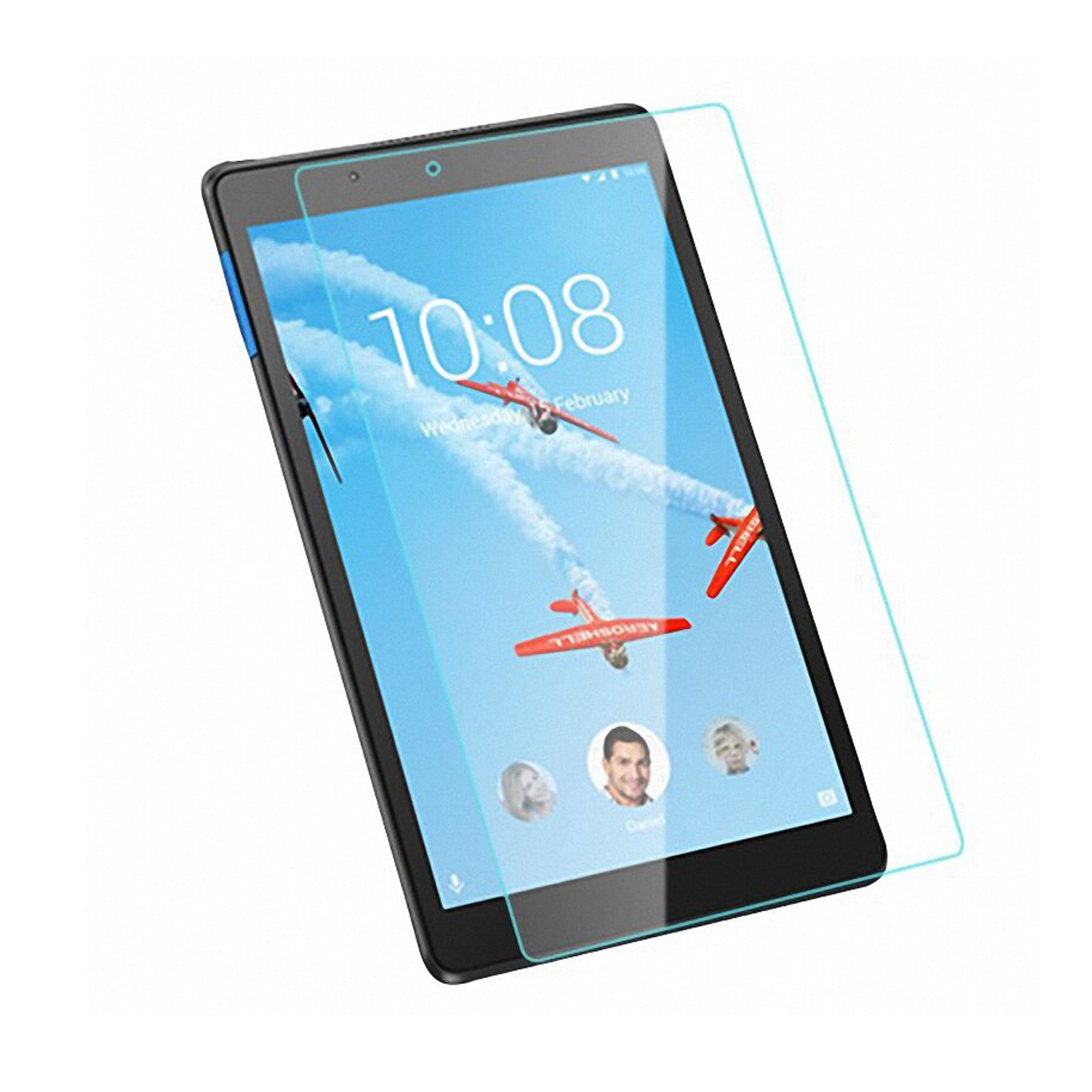 Tablet con protezione schermo. Lo schermo mostra due aerei. Sfondo bianco.