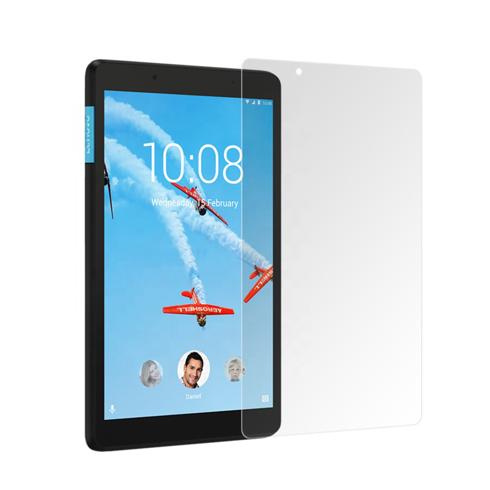Tablet nero, protezione schermo, mostra aerei e volti. Sfondo bianco.