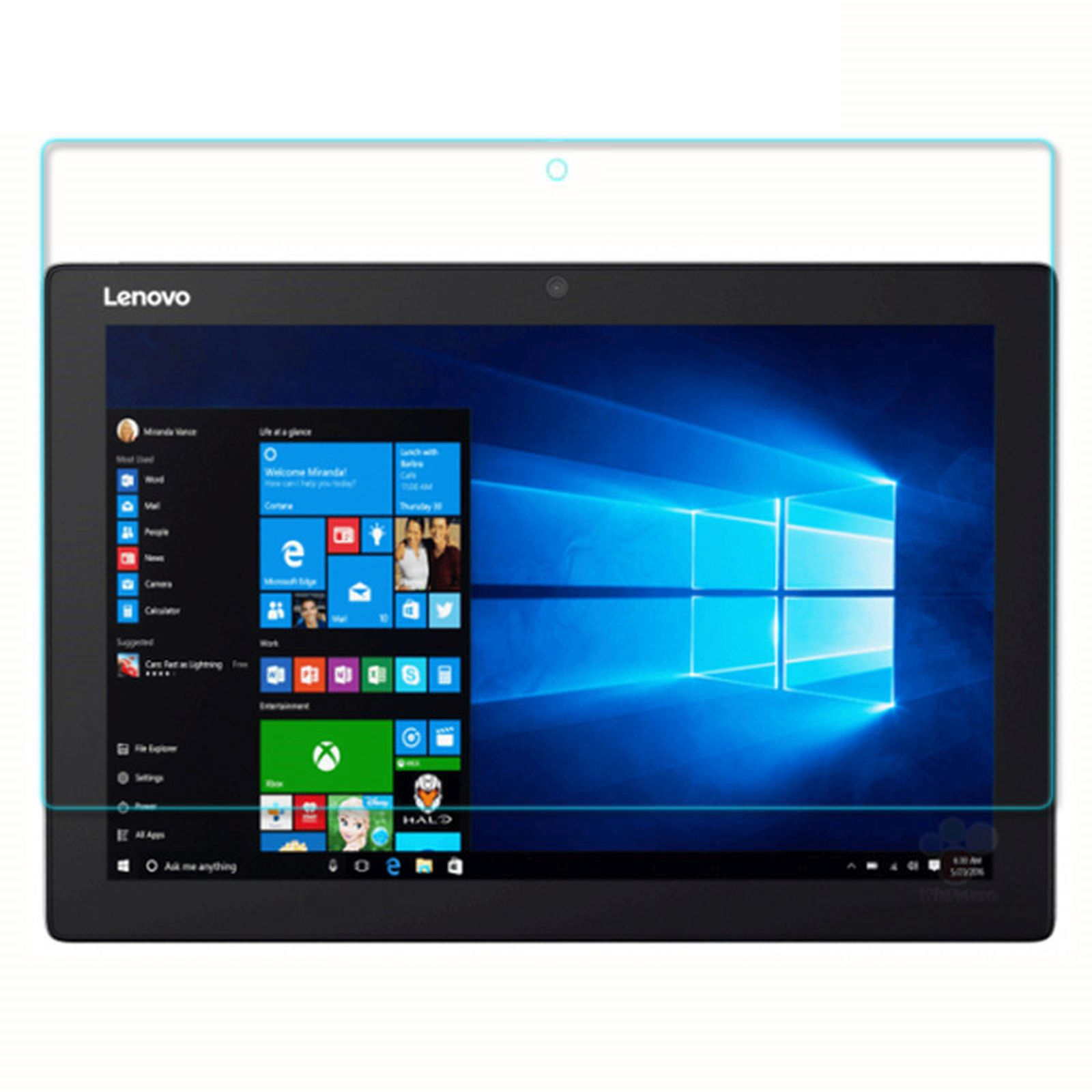 Una protezione schermo sopra un tablet Lenovo che mostra l'interfaccia Windows e le icone delle app.