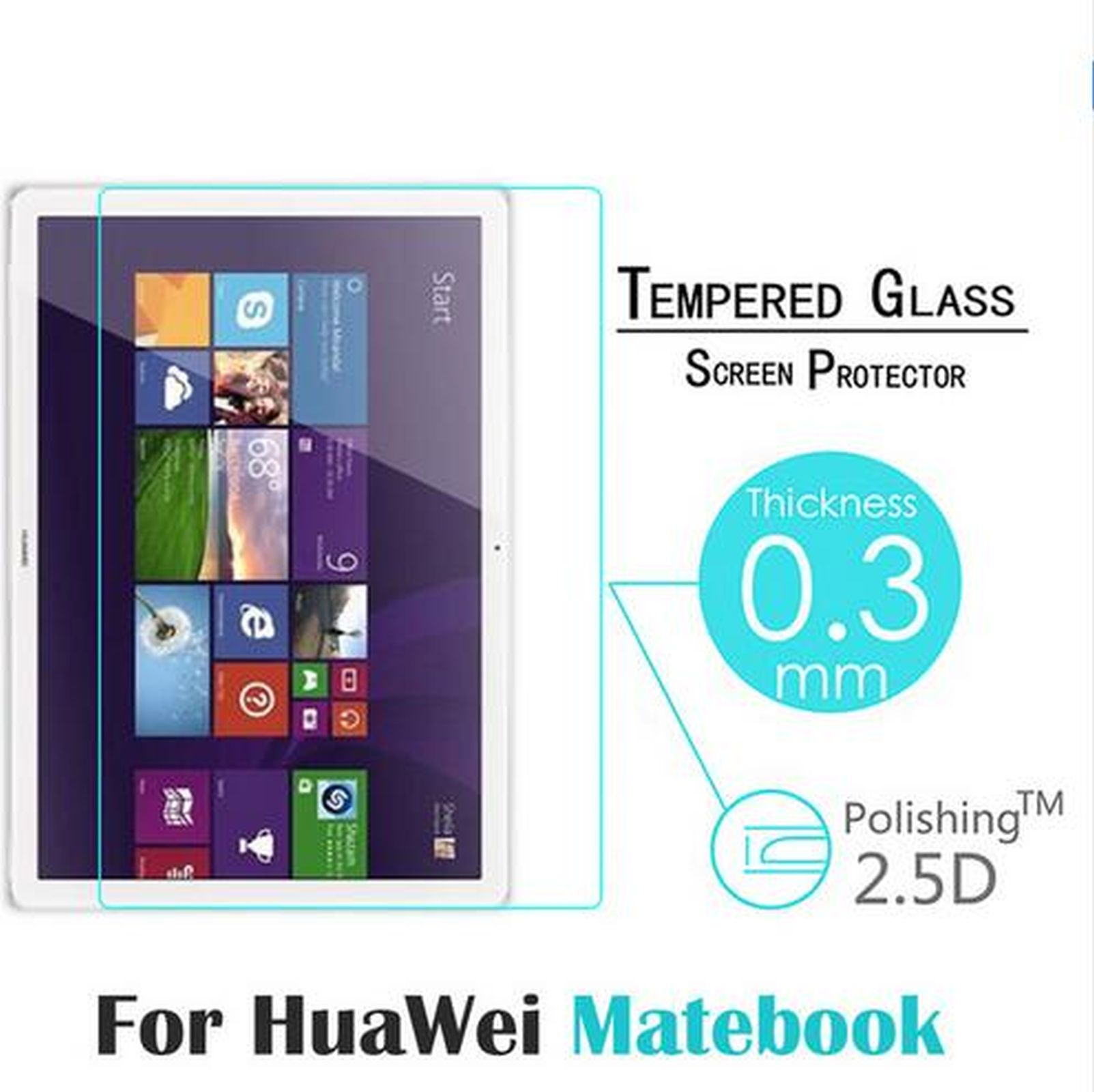 Tablet con protezione schermo, testo indica spessore di 0,3 mm. Per Huawei Matebook.