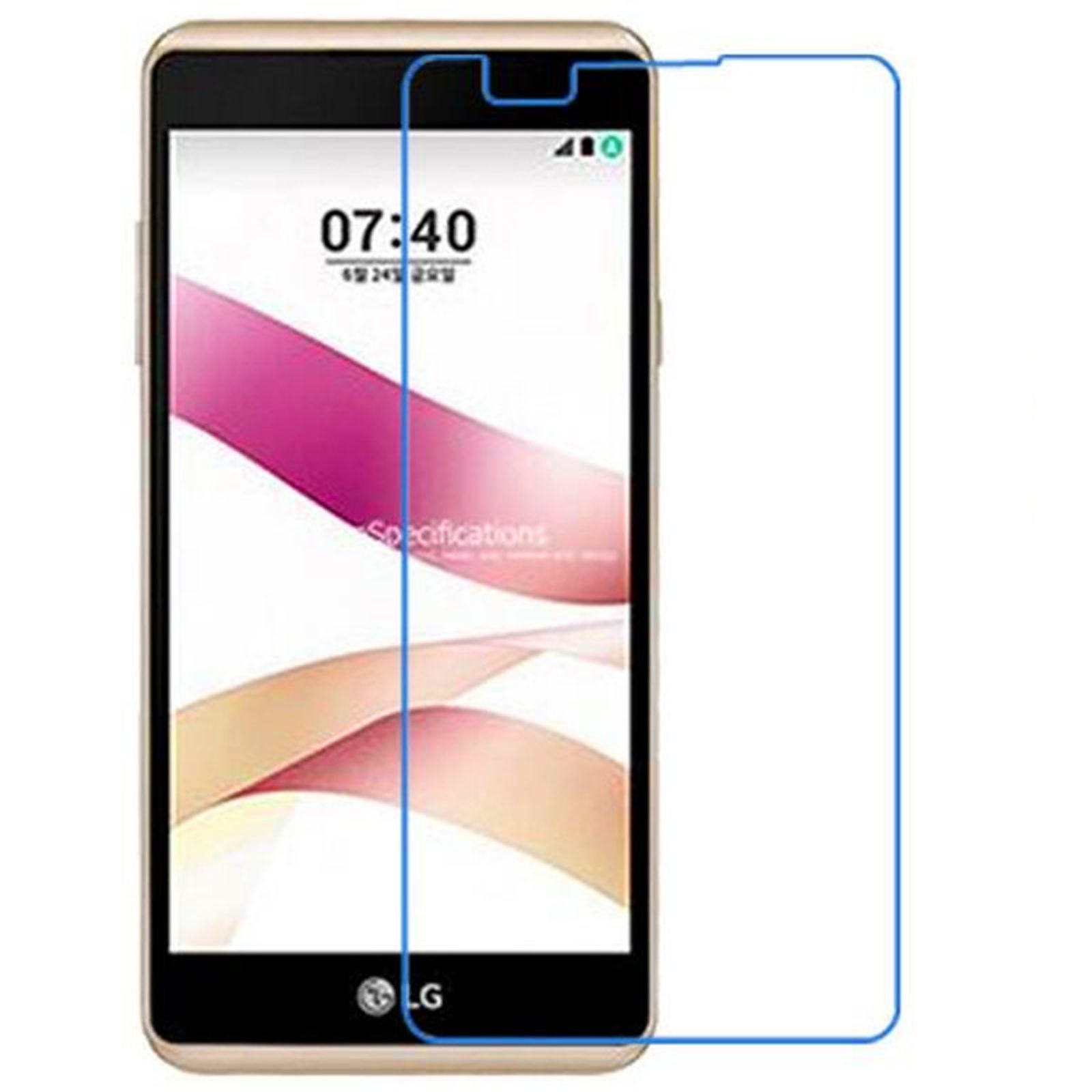Telefon mit Displayschutz, zeigt Zeit und Spezifikationen, mit blauem Rahmen.
