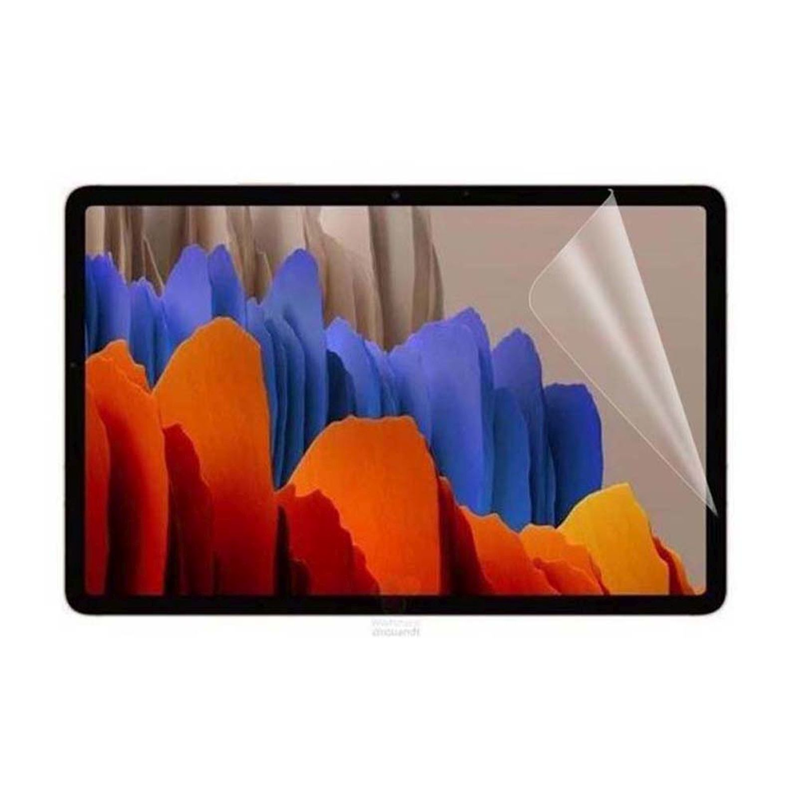 Tablet nero con protezione schermo che mostra un'immagine astratta colorata.