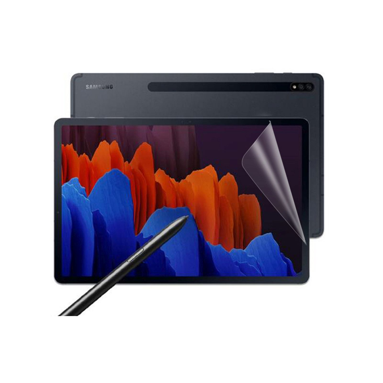Tablet nero con protezione schermo, stilo e sfondo scuro con forme colorate.