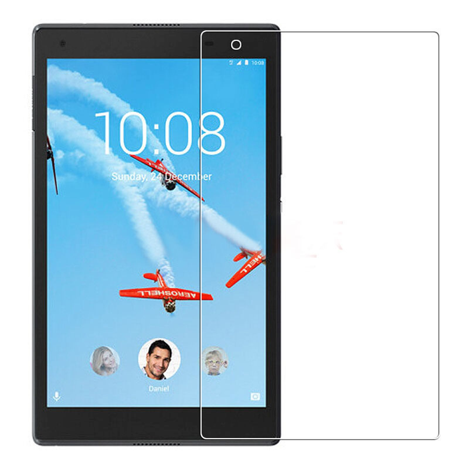 Tablet con protezione schermo, mostra una scena di aereo e orologio 10:08.