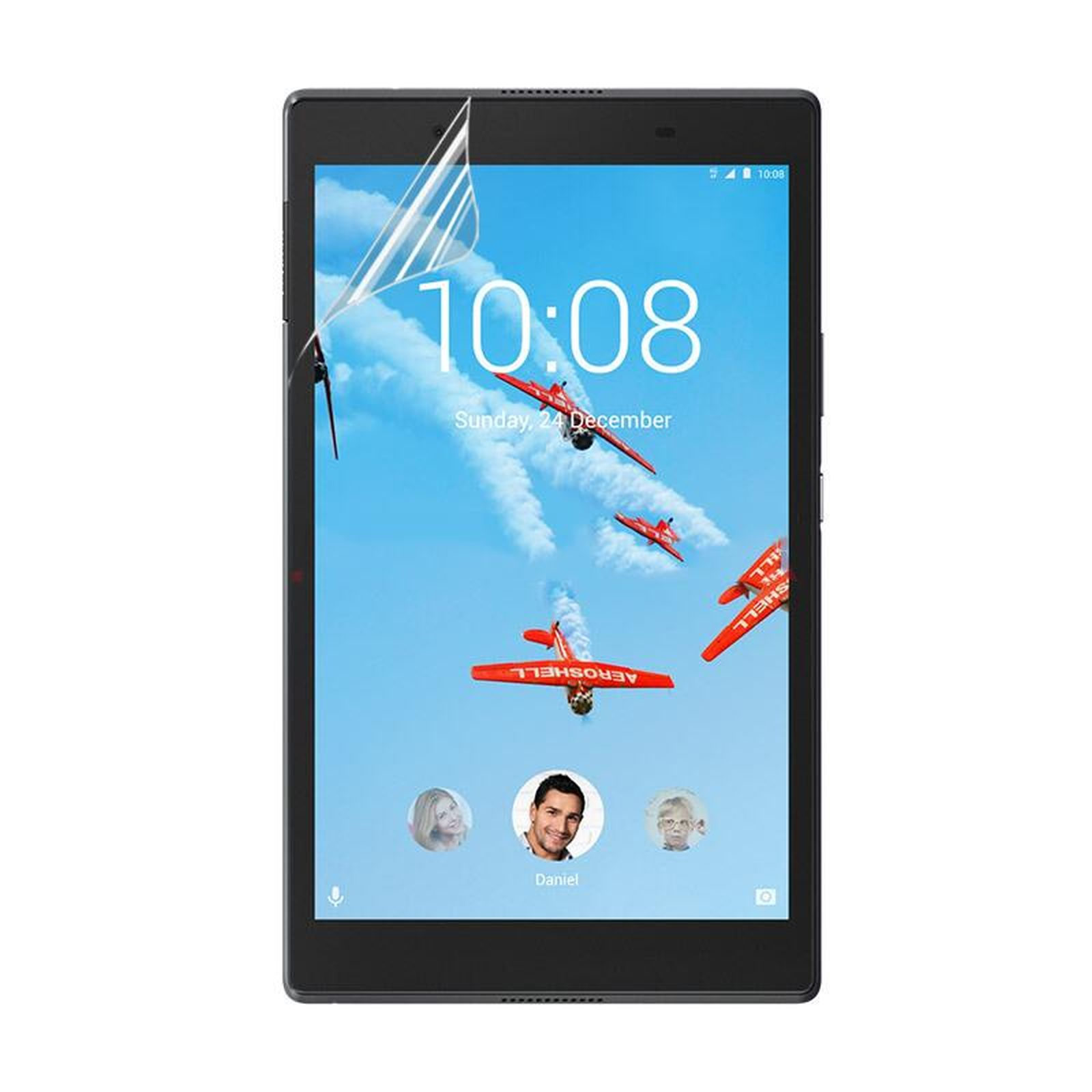 Tablet con protezione per lo schermo installata, aerei sullo schermo e persone.
