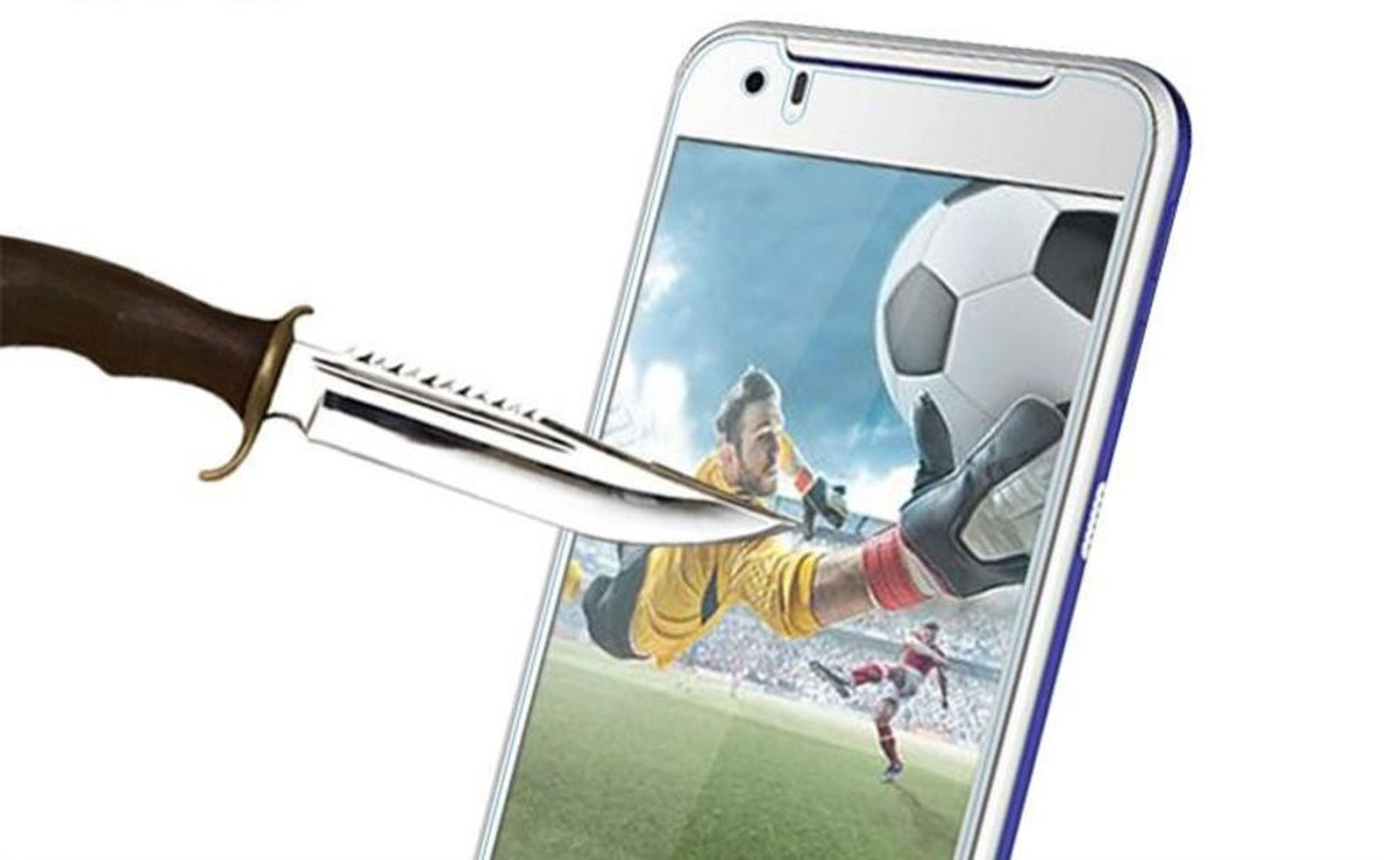 Ein Messer, das ein Telefon durchbohrt, das ein Fußballspiel mit Spieler und Ball zeigt.