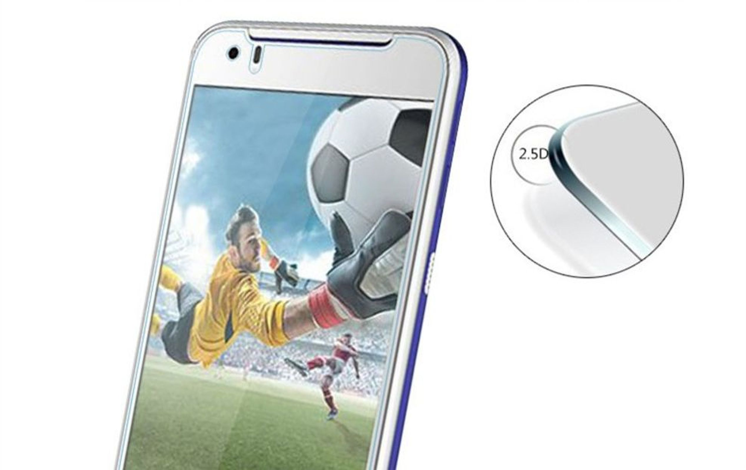 Ein Telefon mit Displayschutz, das ein Fußballspiel anzeigt. Der Schutz hat abgerundete Kanten.