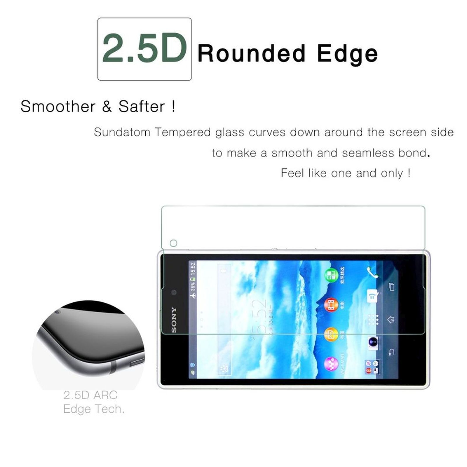 Ein Telefon mit Displayschutz. Text: 2.5D Rounded Edge. Ein kleiner Einsatz zeigt die Bildschirmkrümmung.