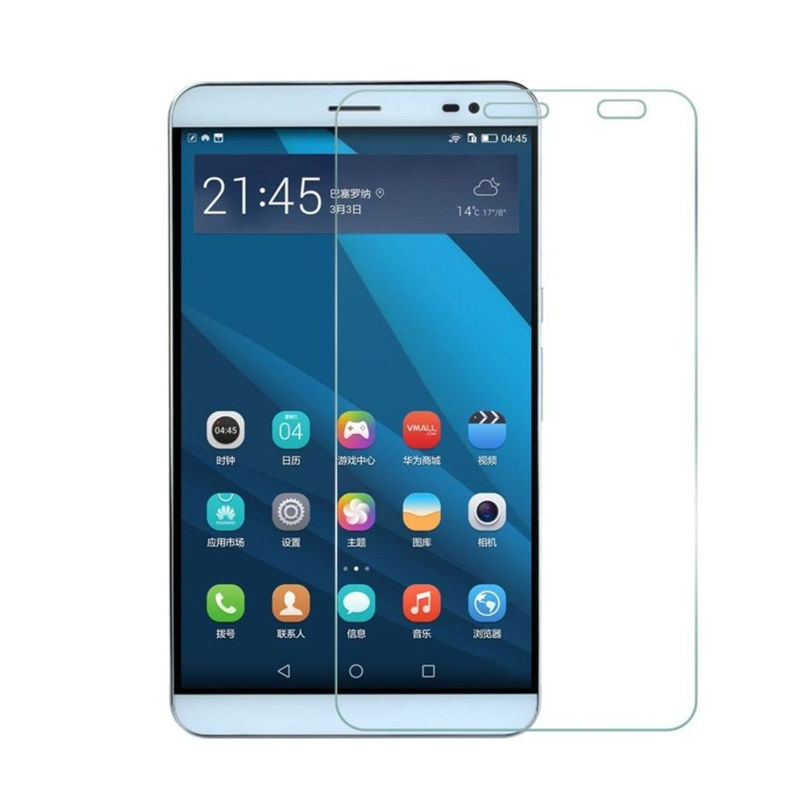 Smartphone con protezione schermo, che mostra un'interfaccia digitale, sfondo bianco.